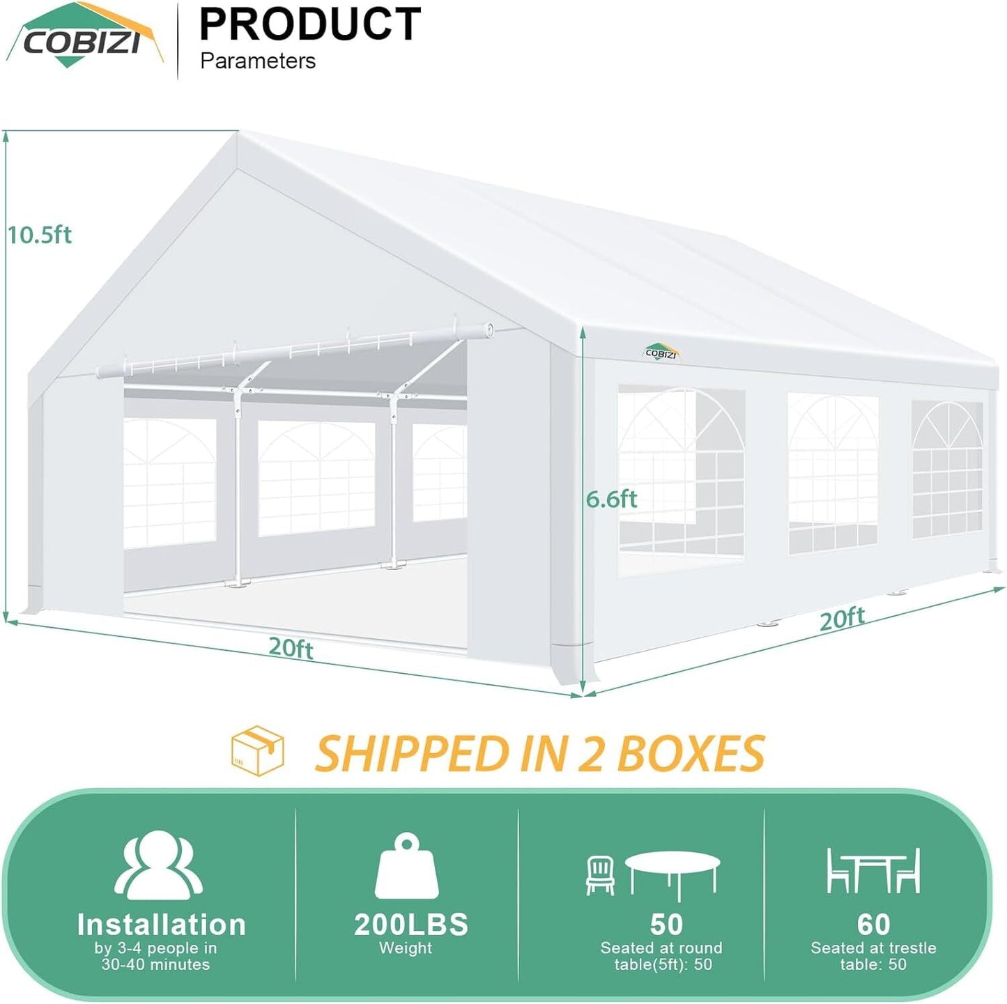 COBIZI Party Tent Heavy Duty, 20x20ft Wedding Tent, Large Canopy Tents for Parties, Carport Canopy with Removable Sidewalls, Large Tent with Built-in Sandbag, UV50+, Big Tent for Party, White