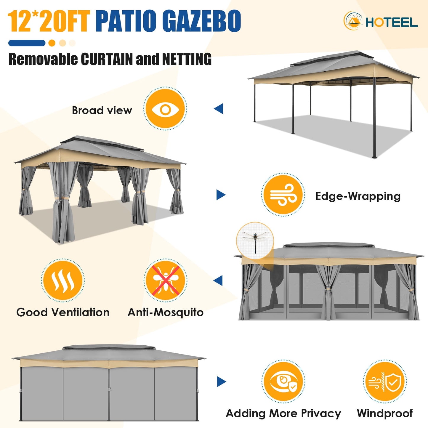 Hoteel Outdoor Gazebo 12x20 Patio Gazebo with Netting and Curtains Waterproof Gazebo with Double Roof Large Backyard Gazebo with Metal Steel Frame for Backyard, Lawn, Party, Garden, Gray