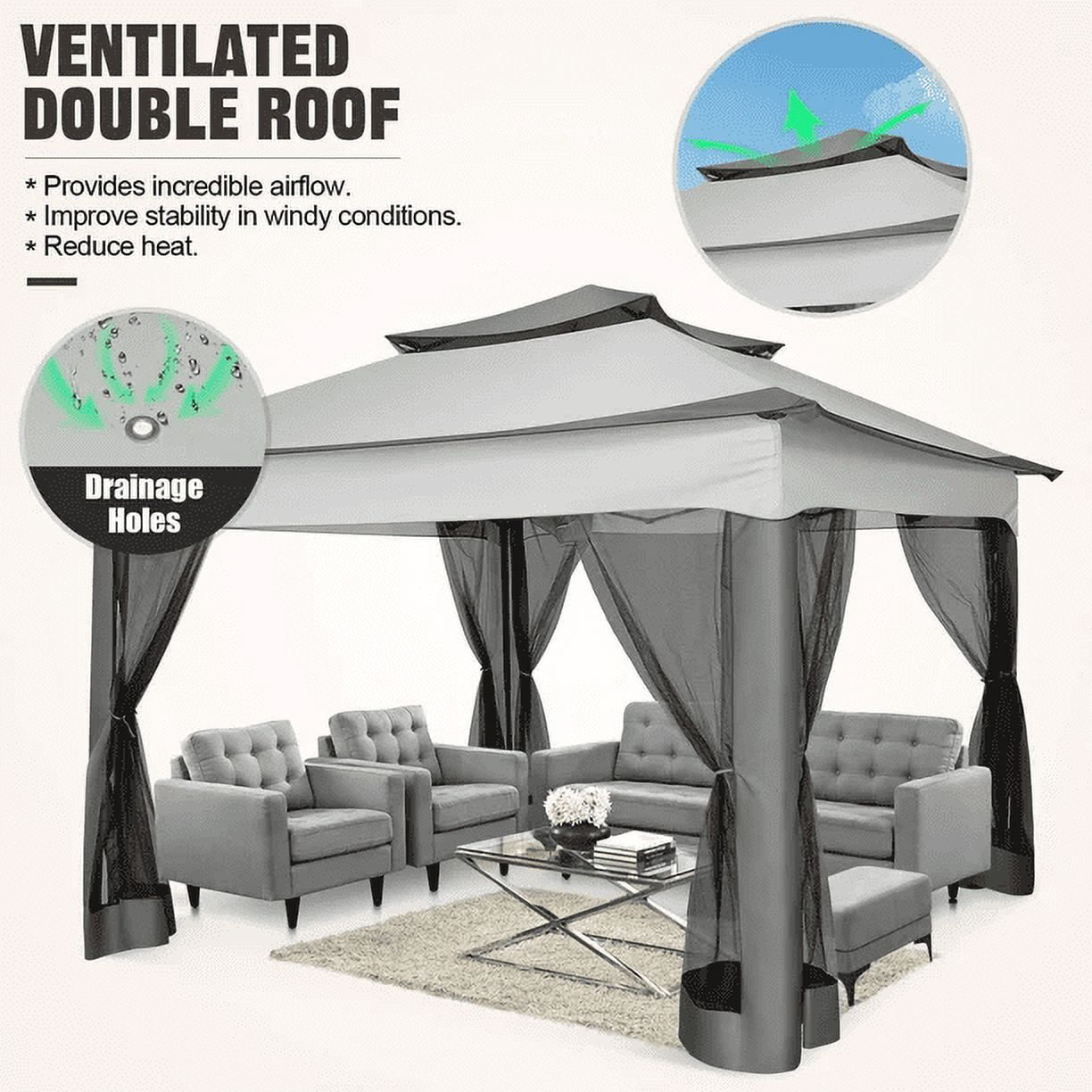 COBIZI Outdoor Canopy Gazebo 11x11 Pop-up Gazebo Patio Gazebo with Mosquito Netting Outdoor Canopy Shelter with 121 Square feet of Shade for Outdoor Lawn, Garden, Party, Backyard and Deck, Gray