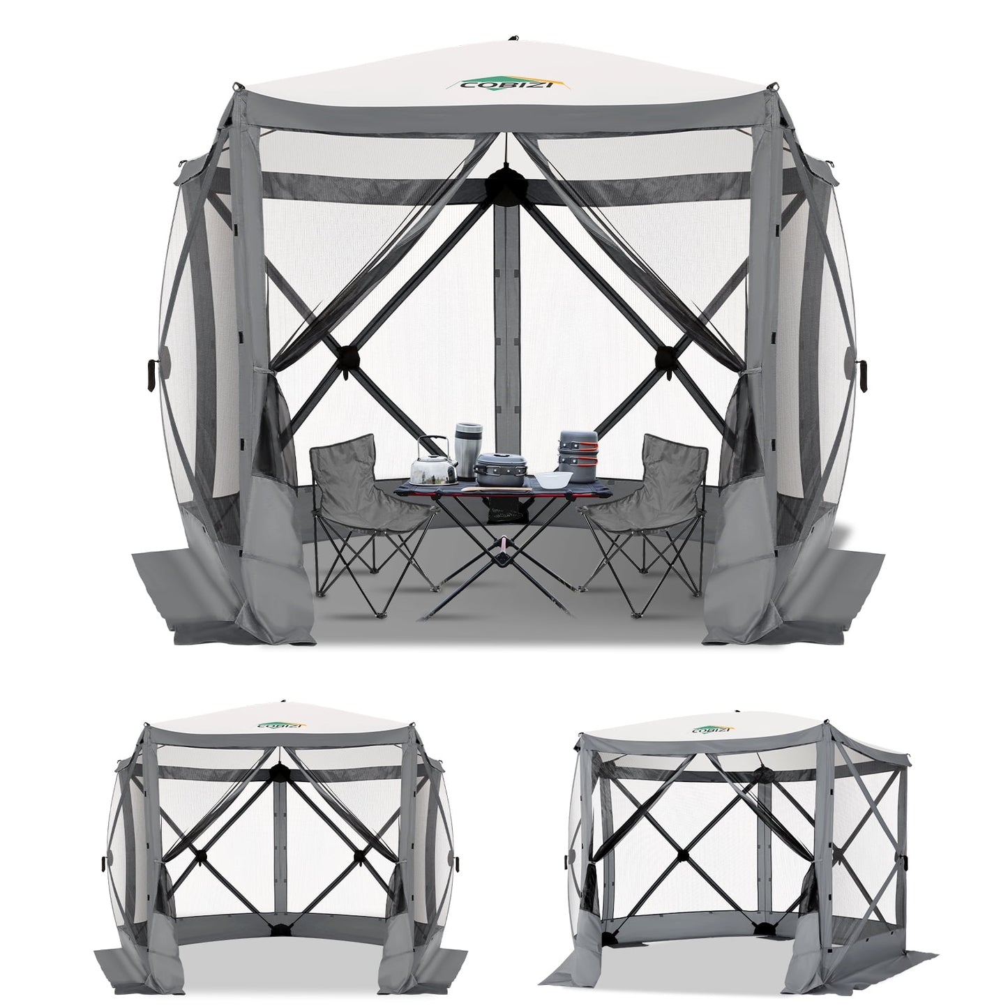 COBIZI 10x10 Pop up Gazebo Screen Tent Screen House for Camping,5 Sided Pop-up Camping Canopy Shelter Tent with Mesh Windows,Portable Outdoor Quick-set Hub Tent with Carrying Bag&Ground Stakes,Gray