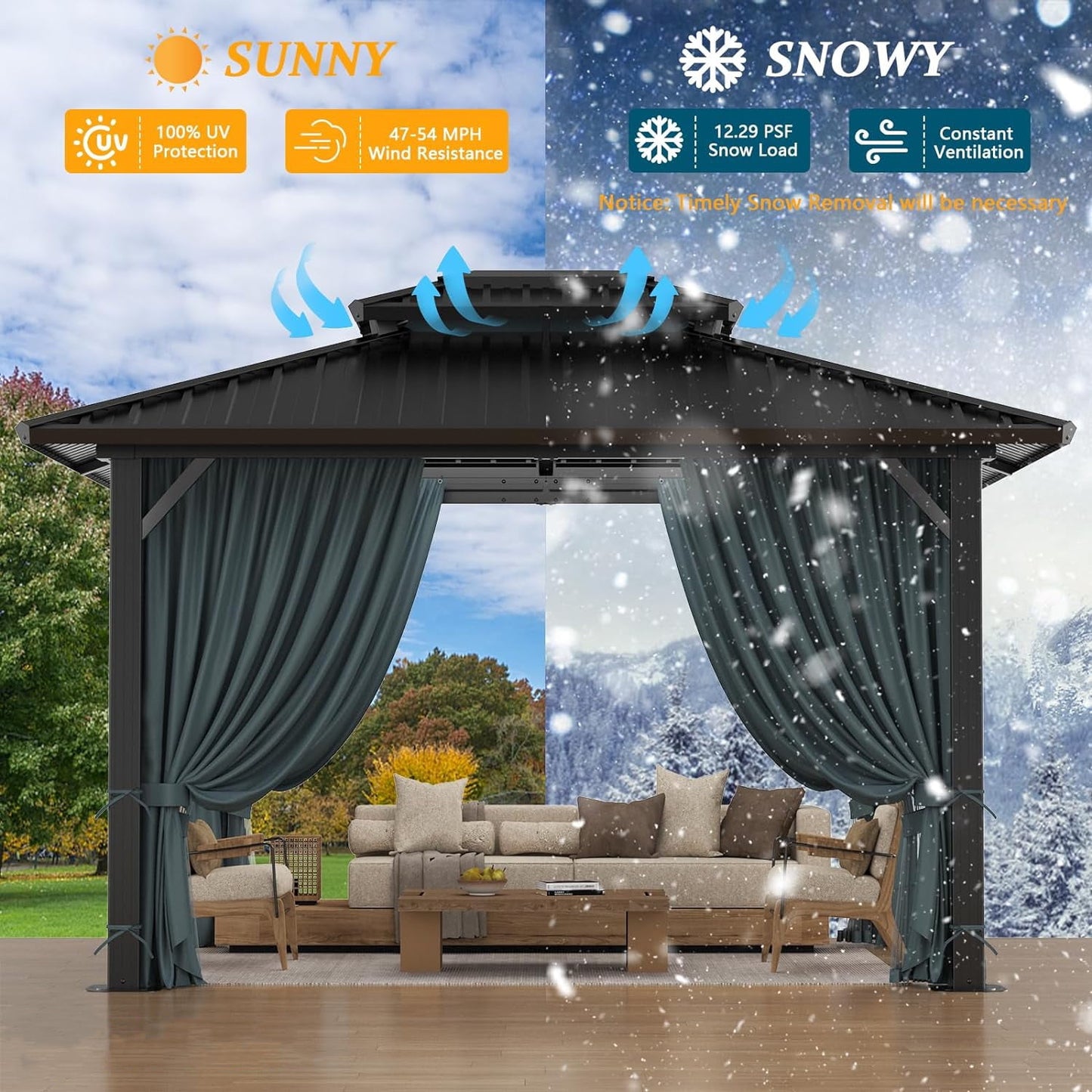 COBIZI 10x12 Hardtop Gazebo Aluminum Metal Gazebos Galvanized Steel Double Roof Permanent Hardtop Gazebo with Netting and Curtains Aluminum Frame Steel Gazebos for Deck, Lawns and Backyard, Black