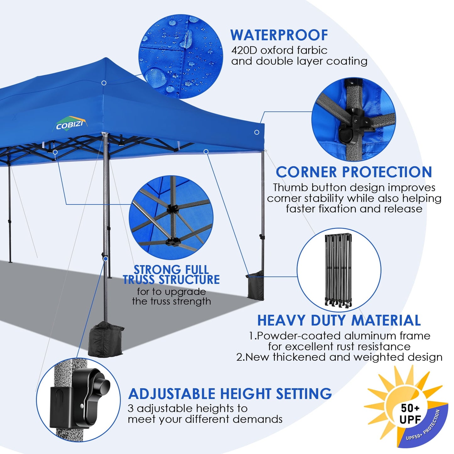 COBIZI 10 x 30 Heavy Duty Pop-up Canopy Tent with Adjustable Height, Waterproof and Instant Outdoor Shelter, Summer Canopy for Beach,Party,Camping Includes 4 Sandbags, and Carrying Bag,Blue