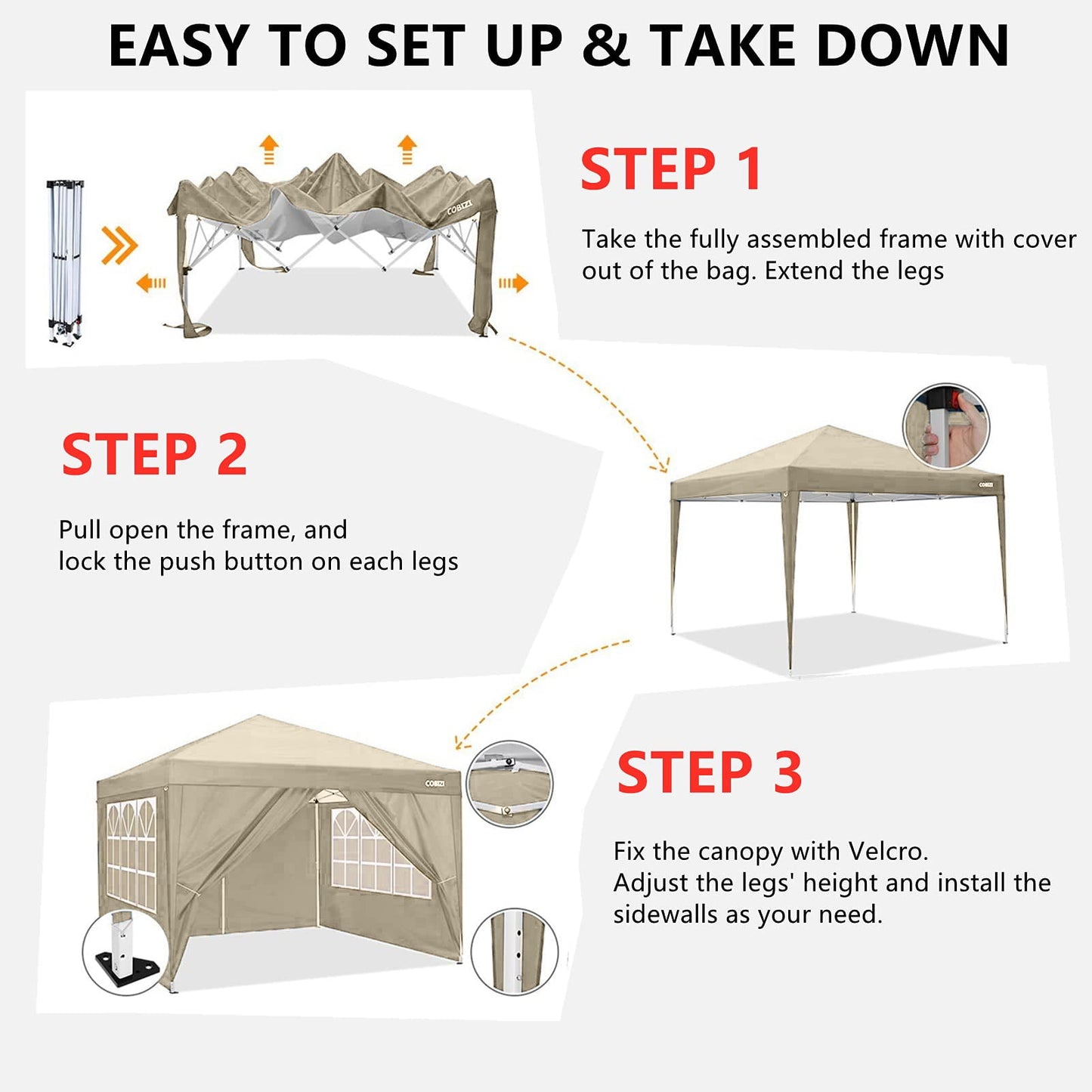 COBIZI 10'x10' ft Popup Canopy Waterproof Canopy with 4 Sidewalls Outdoor Commercial Instant Shelter Beach Camping Canopy Tent for Party,Khaki