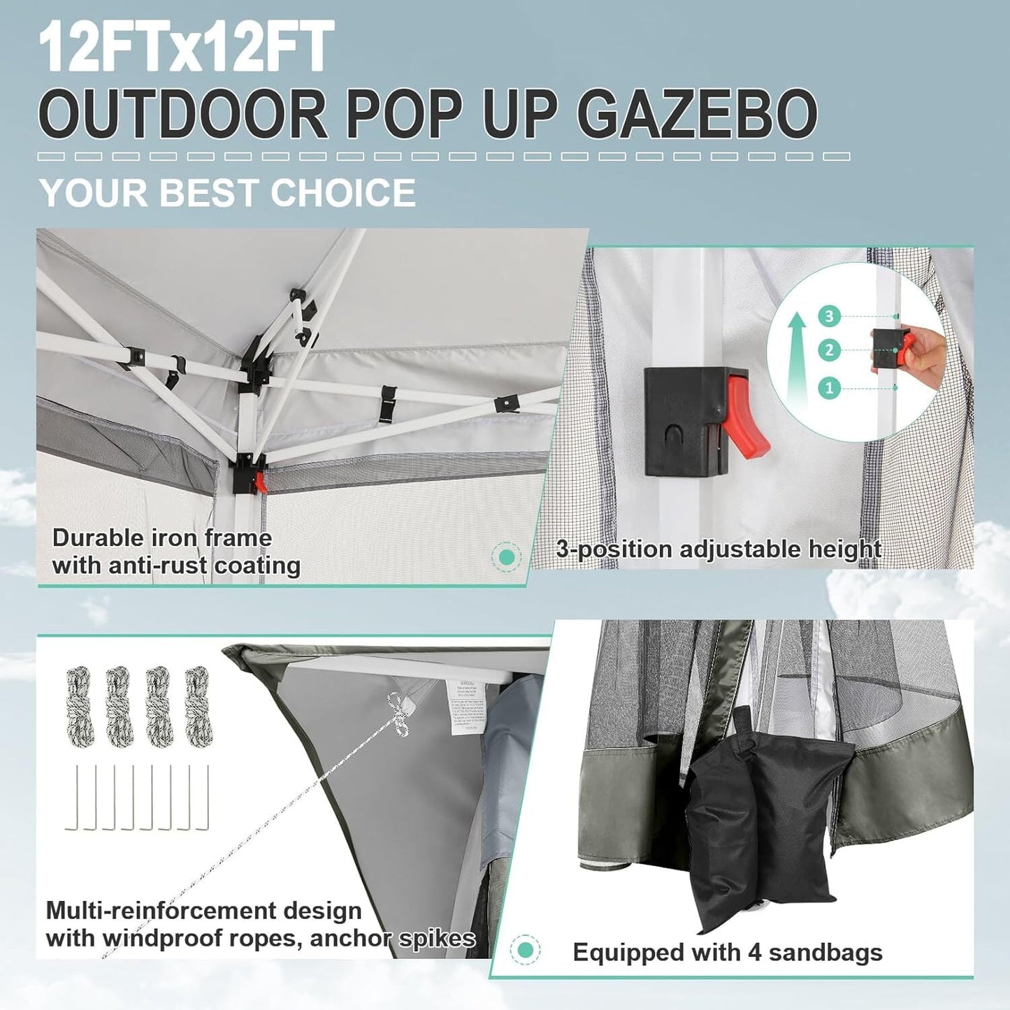 COBIZI 12x12 Outdoor Gazebo Pop-up Gazebo Canopy with Mosquito Netting Patio Tent Backyard Canopy with 2-Tiered Vented Top 3 Adjustable Height, Dark Grey