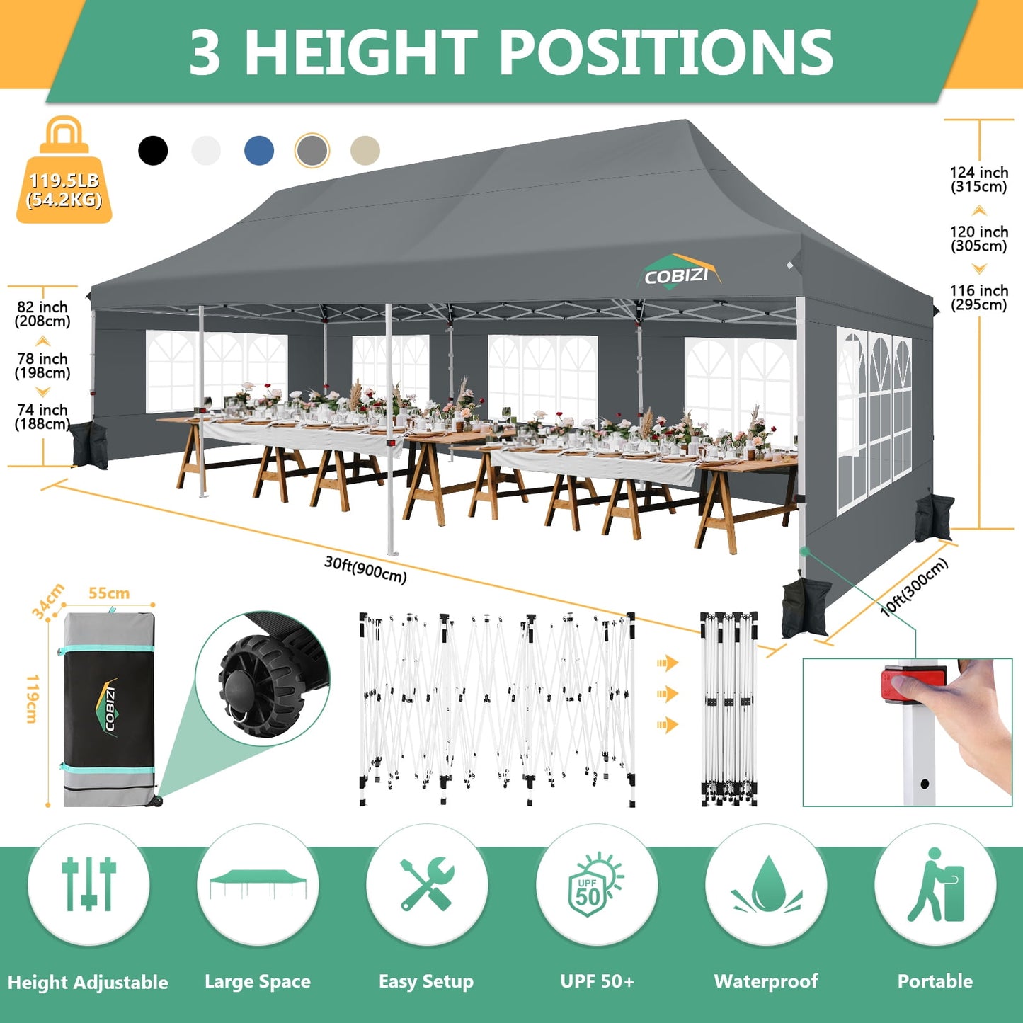 COBIZI 10x30 Pop-up Canopy Outdoor Wedding Party Tent Patio Gazebo Commercial Canopy Tent with Sidewalls Gray