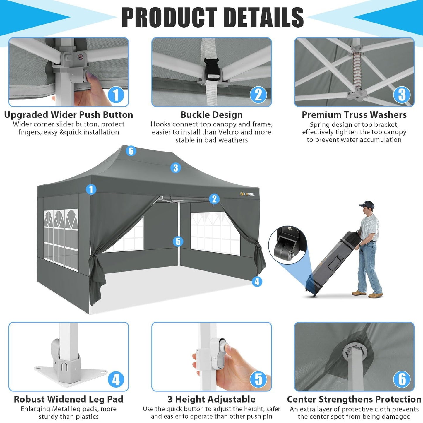 COBIZI 10x15 Canopy Tent with 4 Sidewalls,Heavy Duty Pop Up Canopy Tent for Parties Wedding,Commercial Canopy with Roller Bag,UV 50+&Upgraded Waterproof,Thickened Legs,Gray