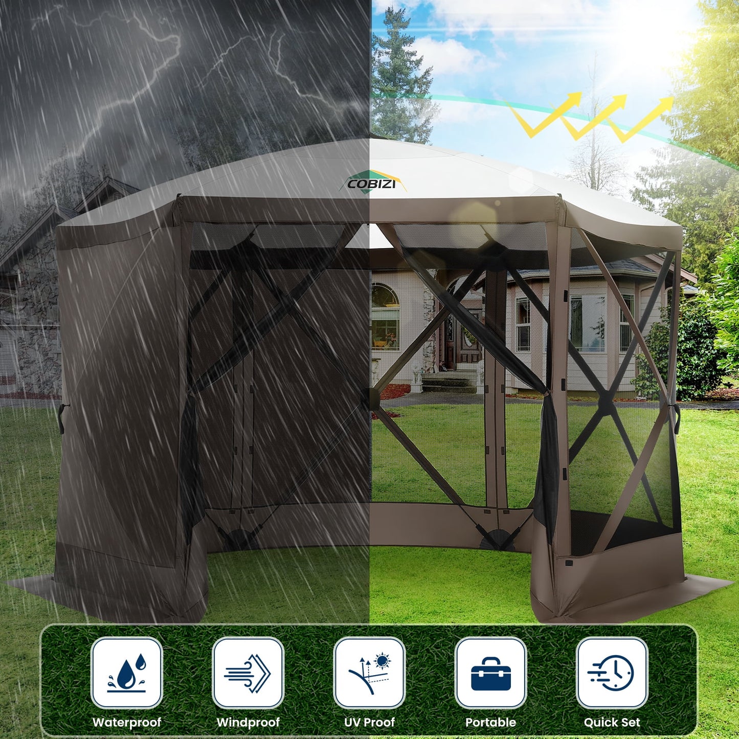 COBIZI 12x12 Pop Up Canopy Gazebo, Outdoor Canopy Tent Screen House with 6 sidewalls and Netting for Camping, Waterproof, UV Resistant, Ez Set-up Party Tent with Carrying Bag and Ground Stakes,Blue