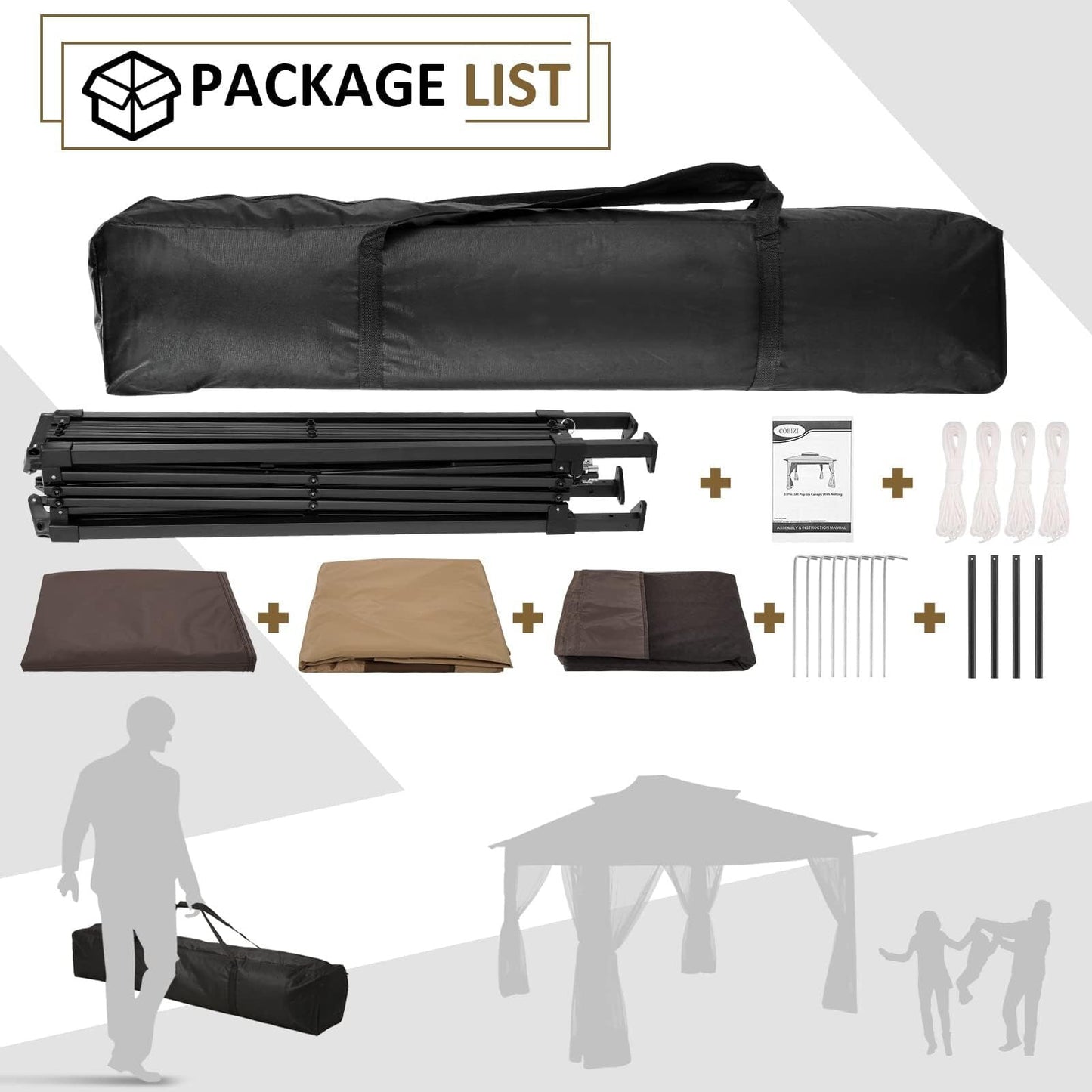 Hoteel Gazebo Canopy Tent, Pop-up Canopy 11x11 Tents for Parties, Outdoor Gazebo with Mosquito Netting and Vented Roof, Screen House for Garden Patio Backyard, Brown