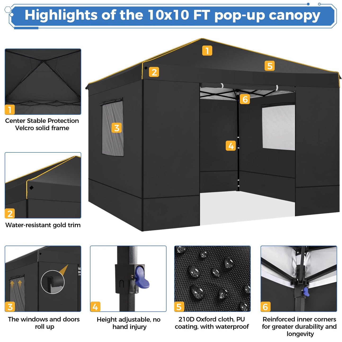COBIZI 10x10 Pop-up Canopy Tent with 4 Sidewalls and Mesh Windows 2.0, Waterproof Commercial Instant Outdoor Canopy Tents for Party/Exhibition/Picnic with Carry Bag,4 Stakes & Ropes,Black