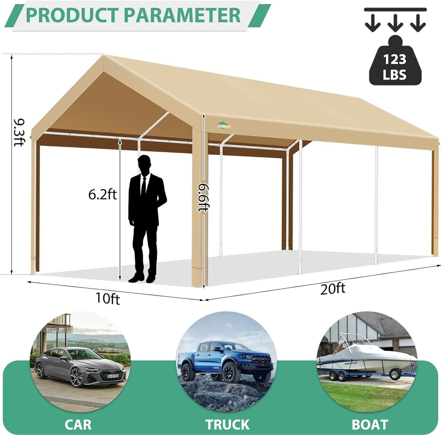 COBIZI 10x20ft Carport Heavy Duty, Portable Car Garage with Built-in Sandbags, Waterproof Car Canopy for Truck, Boat, SUV with All-Season Tarp, Khaki