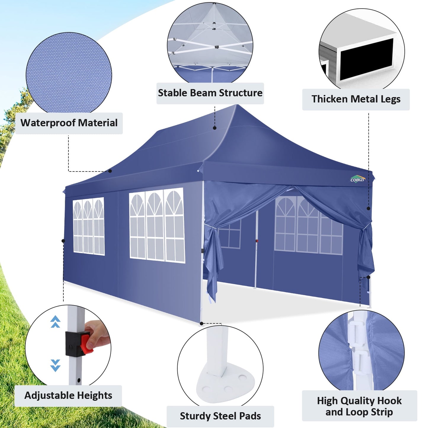 COBIZI 10x20 Pop up Canopy with 6 Removable Sidewalls,Outdoor Waterproof Canopy Tents for Partie Wedding,Instant Sun Protection Shelter with Upgrade Raised Roof and Carry Bag,Black