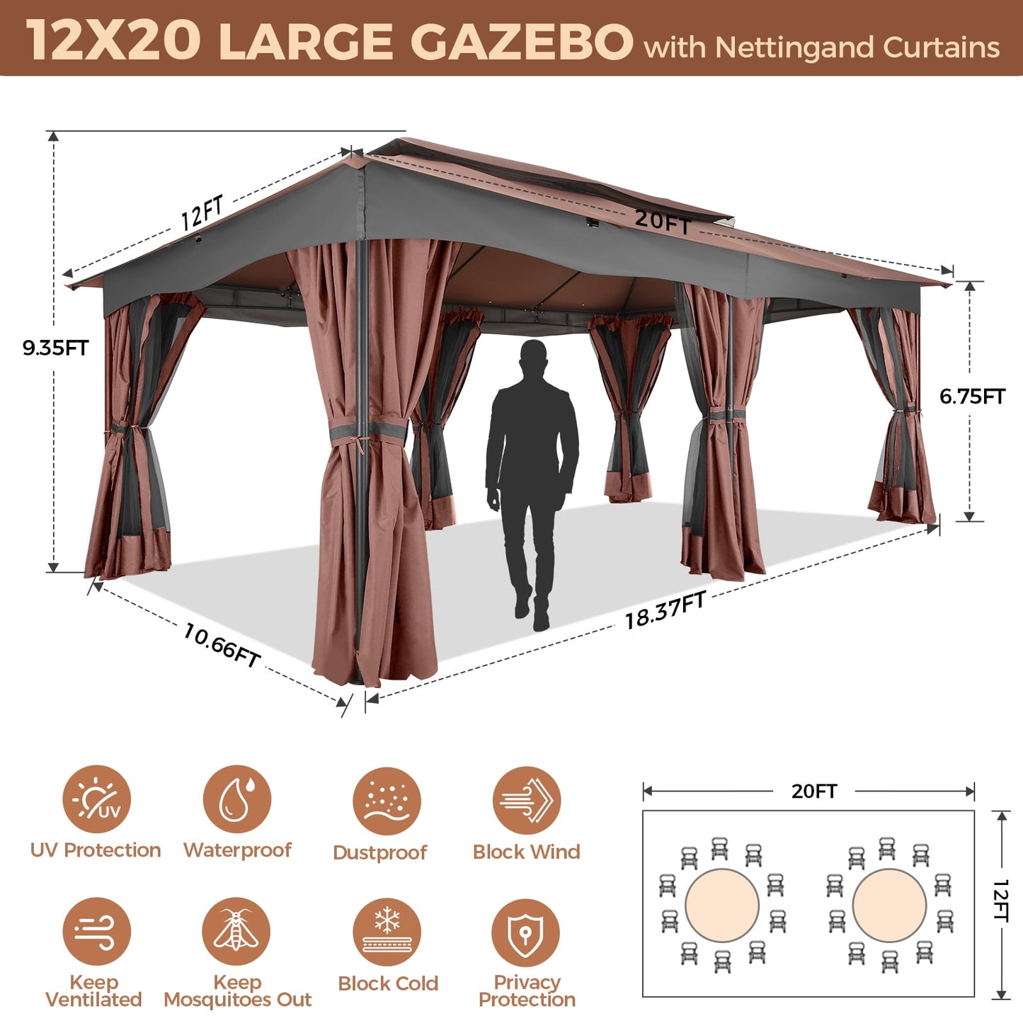 COBIZI 12x20 Heavy Duty Canopy Gazebo Outdoor Gazebo with 6 Netting and Curtains 100% Waterproof Party Wedding Tents with Double Roof and Metal Steel Frame for Backyard, Patio, Lawn, Garden, Brown
