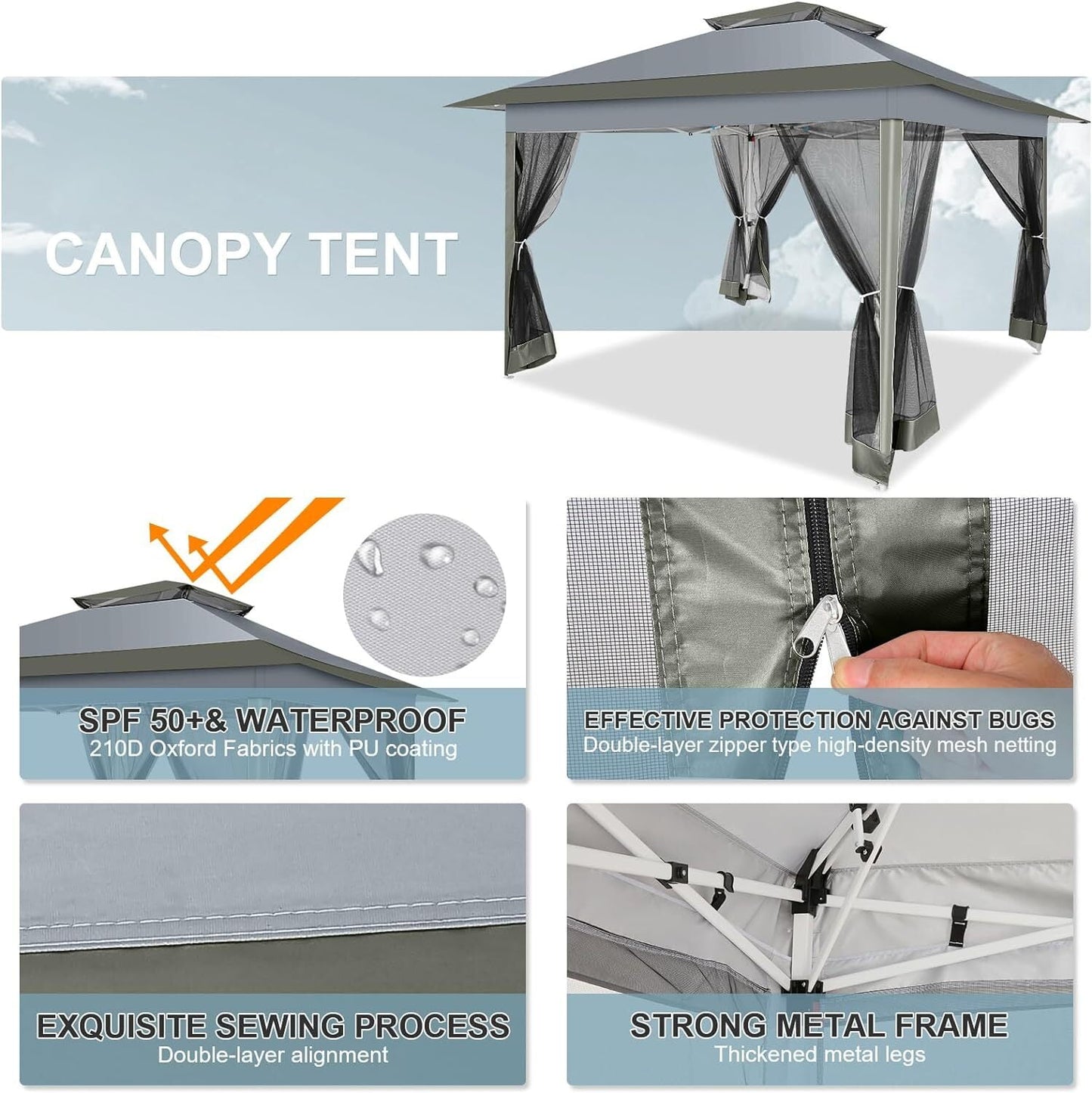 COBIZI 12x12 Outdoor Gazebo Pop-up Gazebo Canopy with Mosquito Netting Patio Tent Backyard Canopy with 2-Tiered Vented Top 3 Adjustable Height, Dark Grey