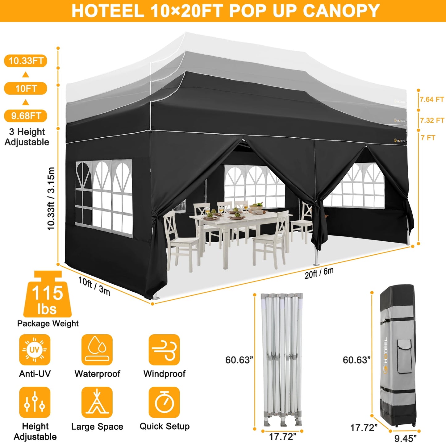 COBIZI Canopy 10x20 Pop up Canopy with 6 Sidewalls Heavy Duty Party Tent Outdoor Party Event Gazebo Commercial Canopy Tents for Parties Wedding Outdoor Events,Black