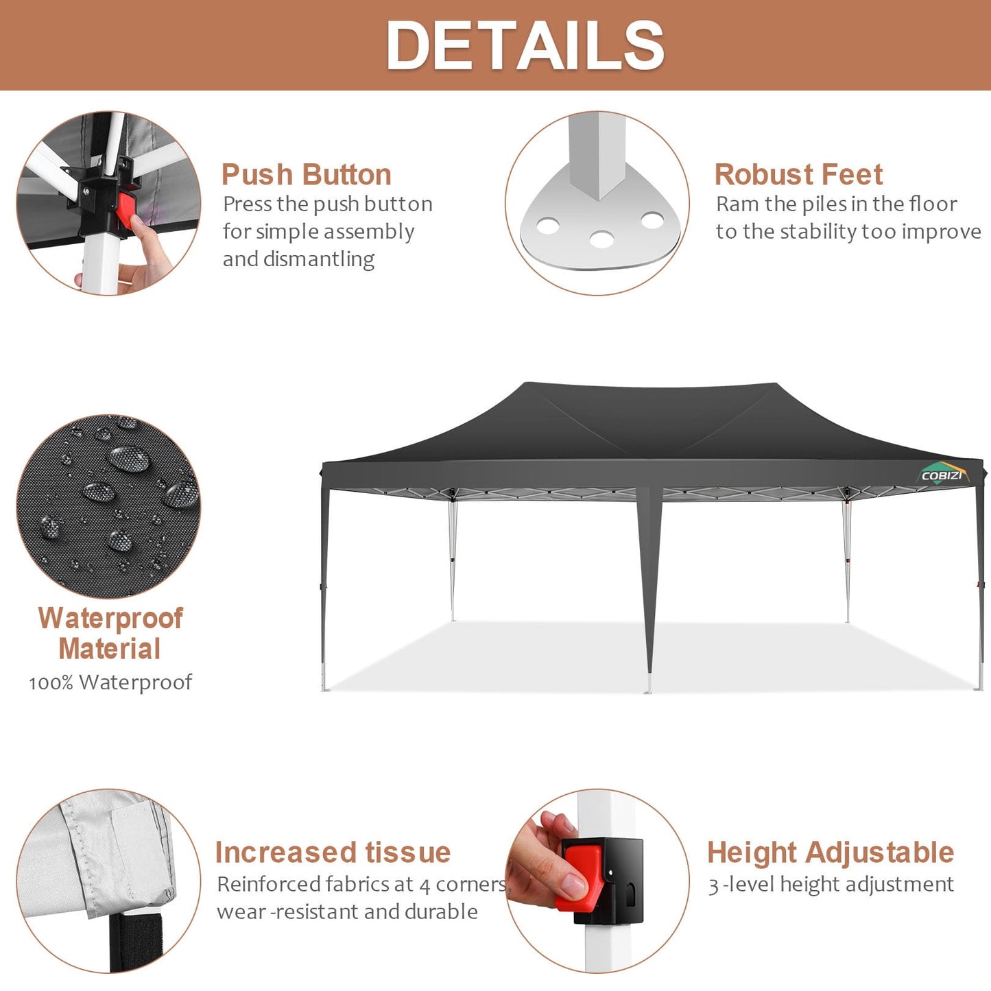 COBIZI 10x20 Pop Up Canopy Tent with 6 Sidewalls,Upgrade Structure Wind & Waterproof Easy up UV Blocking with Carry Bag,3 Adjustable Heights,Wedding Party Tent Outdoor Commercial Party Tent,black