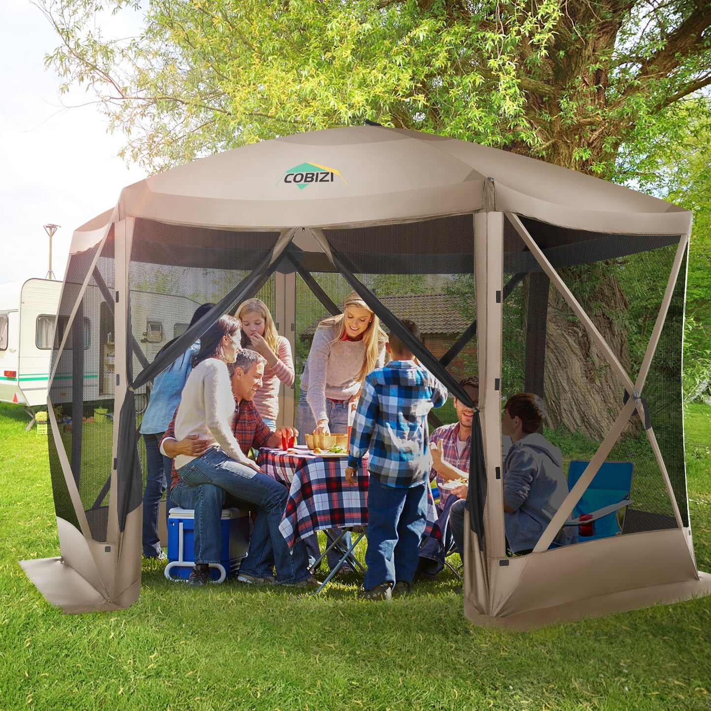 COBIZI 12'x12' Outdoor Mesh Gazebo, UV & Water Resistant, Portable Camping Tent, Light Blue