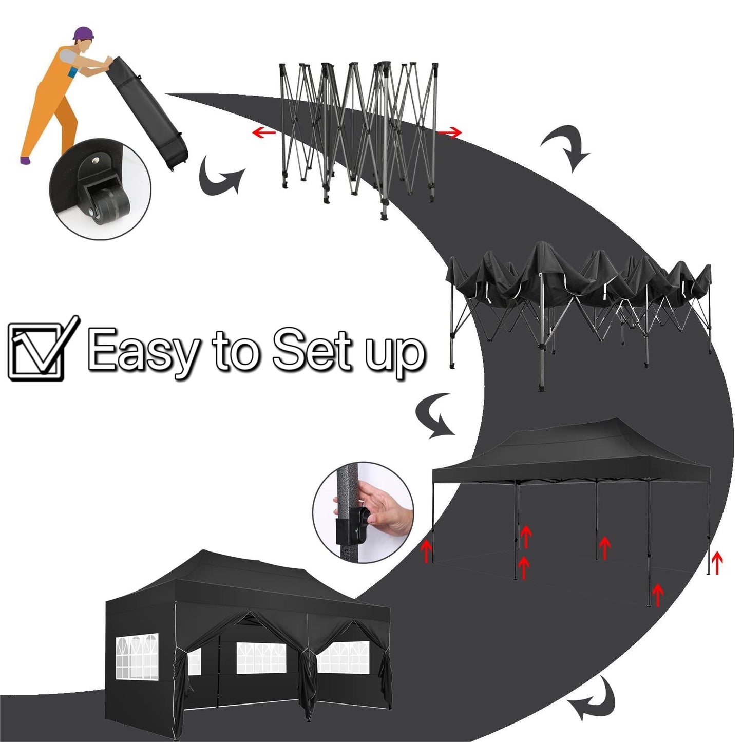 COBIZI 10x20 Heavy Duty Pop up Canopy Tent with 6 sidewalls Easy Up Commercial Outdoor Canopy Wedding Party Tent for Beach All Season Wind & Waterproof Gazebo with Roller Bag,Black(Frame Thickened)