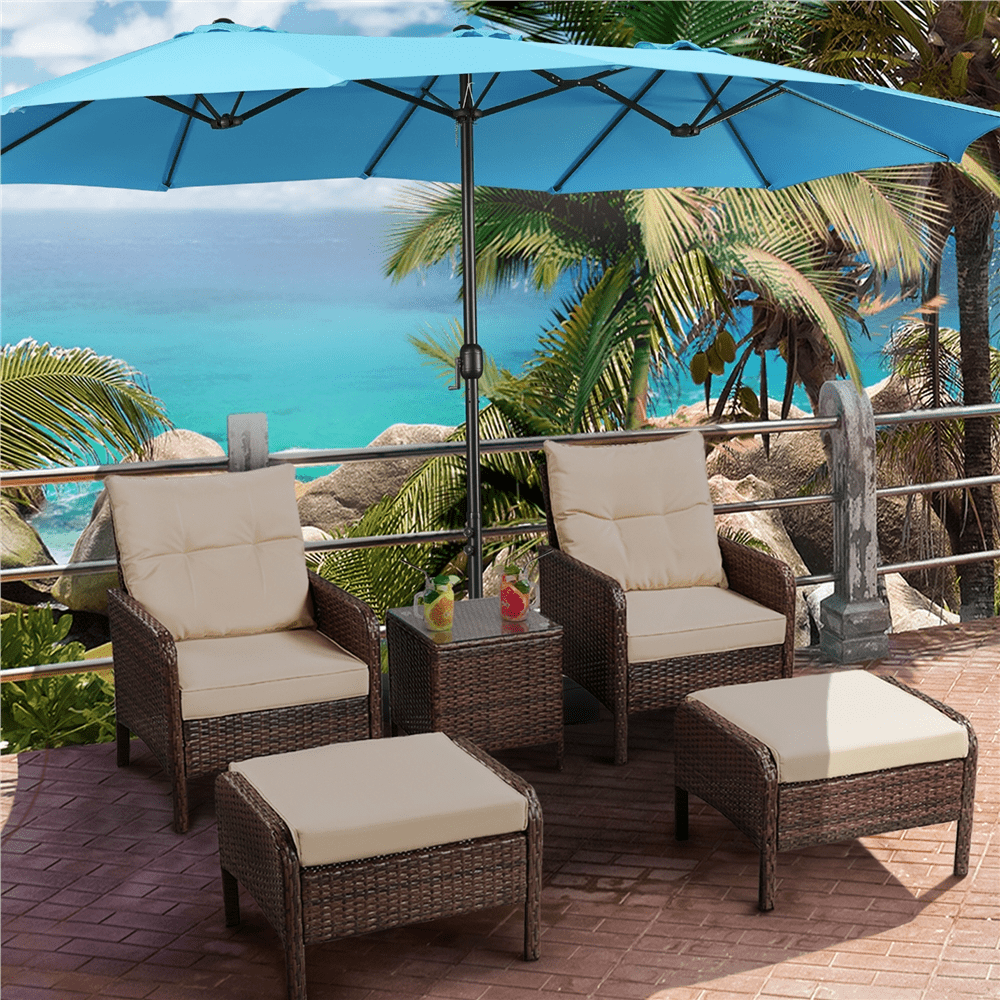 Renwick 15ft Double-Sided Twin Patio Outdoor Umbrella with Base, Sky Blue