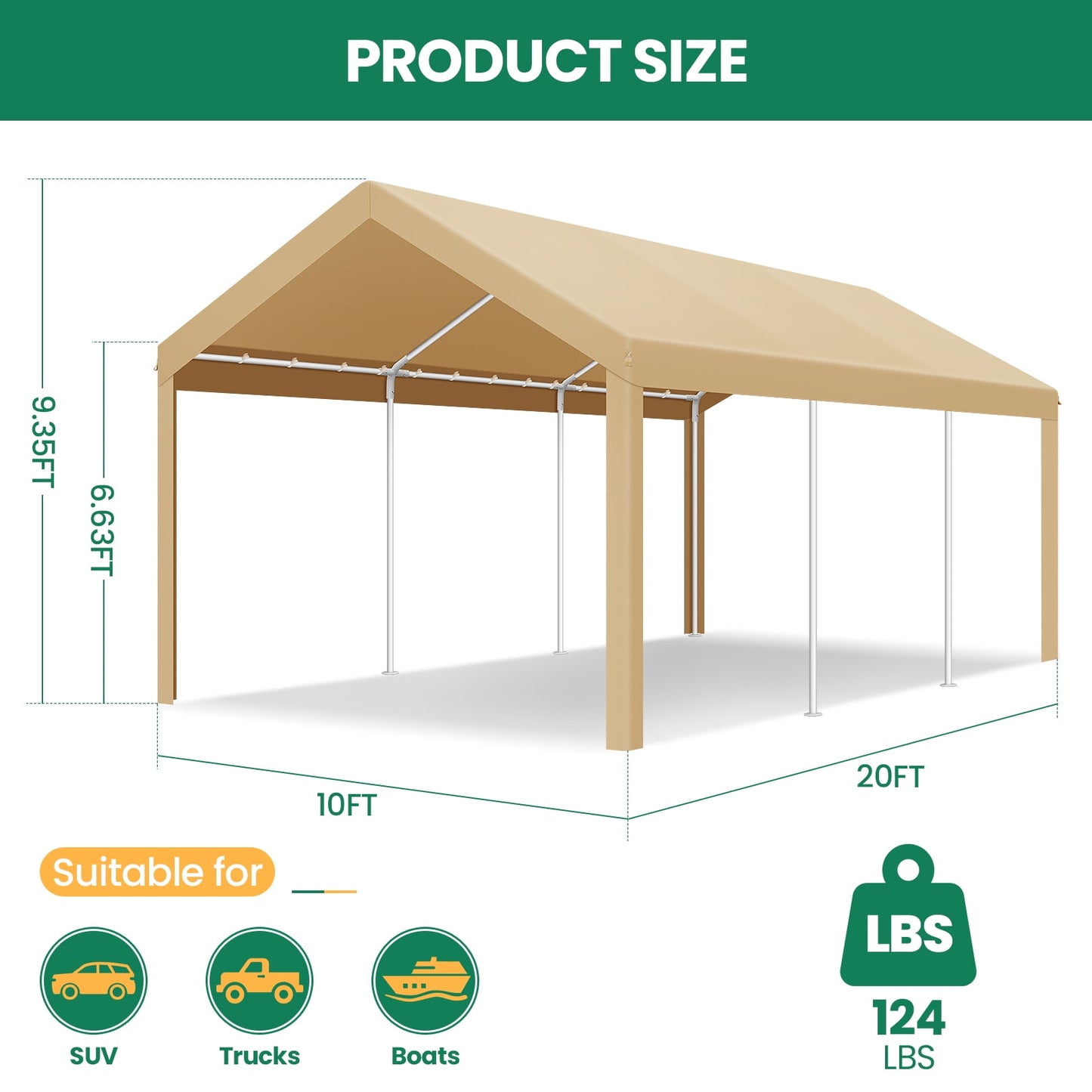 COBIZI Outdoor Metal Carport, 10' x 20' Heavy Duty Garage Car Shelter Shade, Carport Canopy with Powder-Coated Steel Frame for Outdoor Party, Birthday, Upgraded Khaki