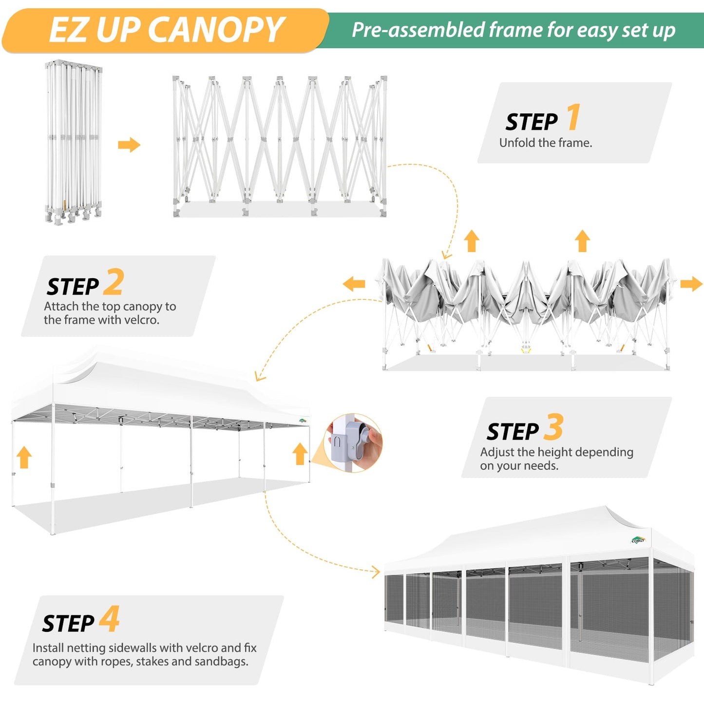 COBIZI 10x30 Heavy Duty Pop up Canopy with Mosquito Net,Instant Outdoor Shelter Large Canopy Tent for Outside,Gazebo with Mesh Sidewalls for Party,Backyard,Camping,White