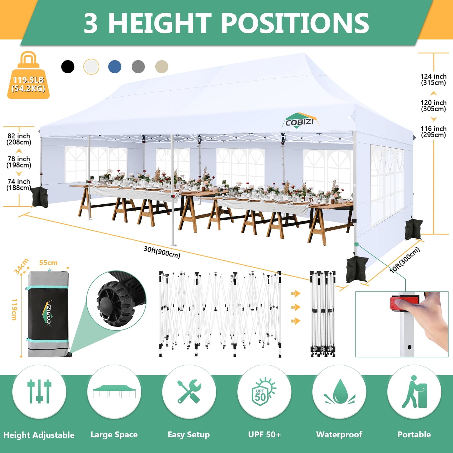 COBIZI 10x30 Pop-up Canopy Outdoor Wedding Party Tent Patio Gazebo Commercial Canopy Tent with Sidewalls White