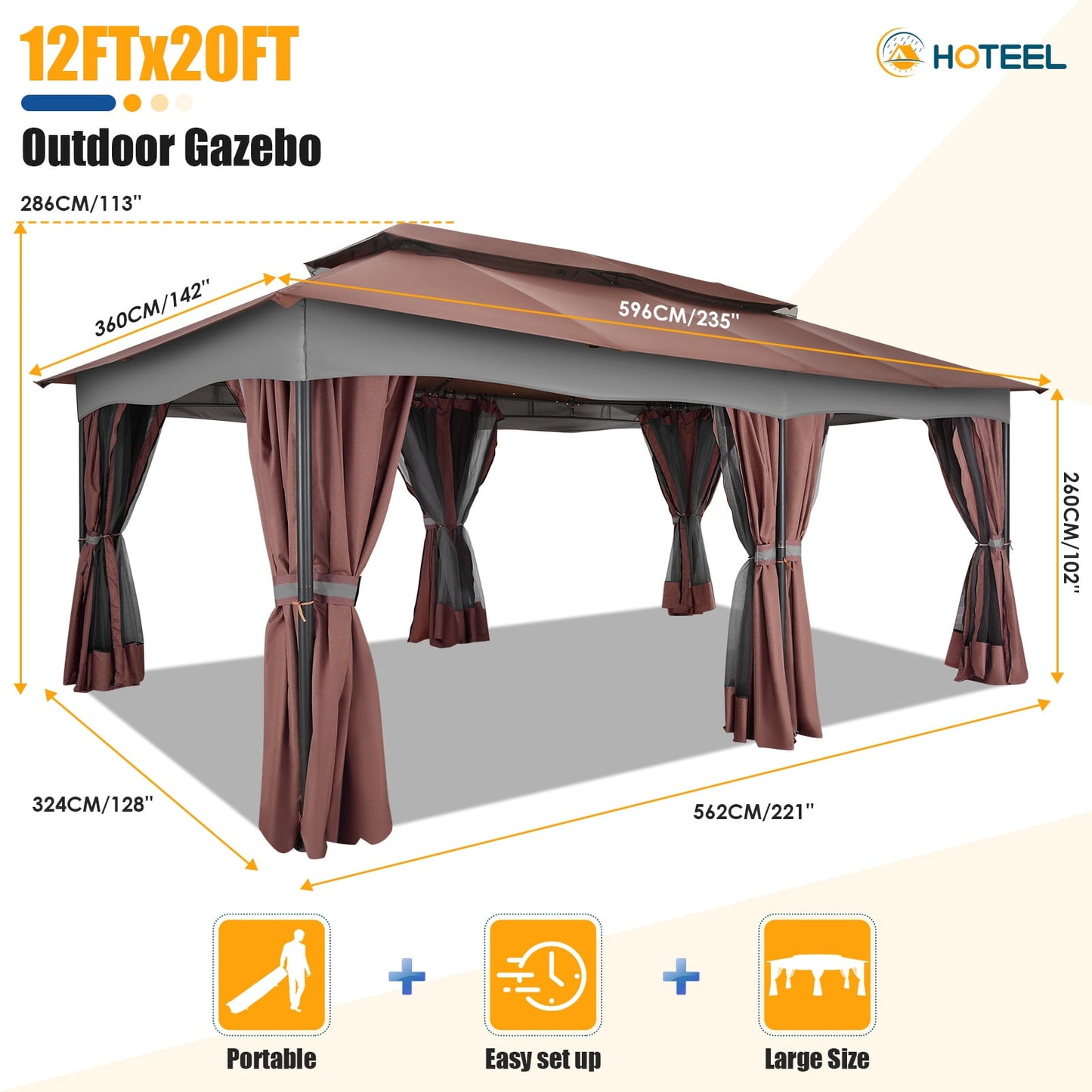 Hoteel Outdoor Gazebo 12x20 Patio Gazebo with Netting and Curtains Waterproof Gazebo with Double Roof Large Backyard Gazebo with Metal Steel Frame for Backyard, Lawn, Party, Garden, Brown