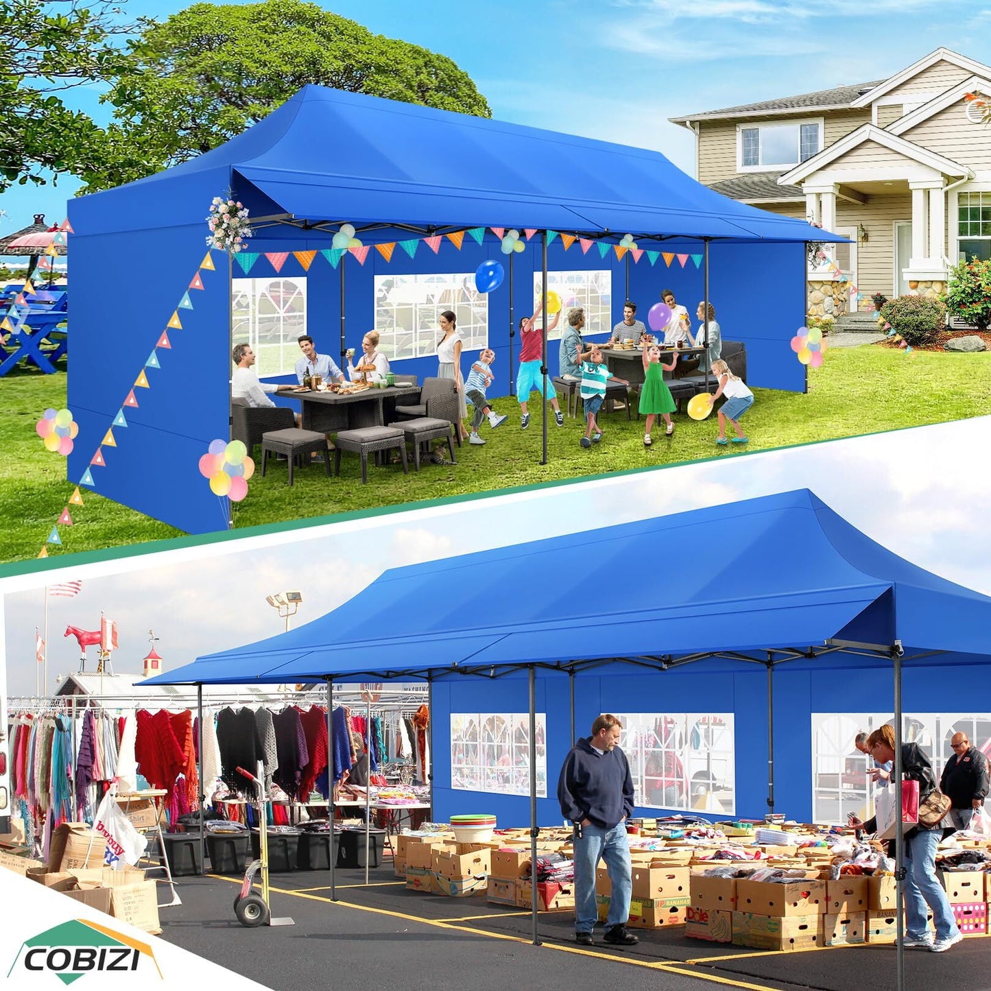 COBIZI 10x30 Pop Up Canopy Heavy Duty Party Tent with Removable Awning and Sidewalls,Easy Up Outdoor Wedding Commercial Canopy,Gazebo All Season Windproof&Waterproof UPF 50+,Blue