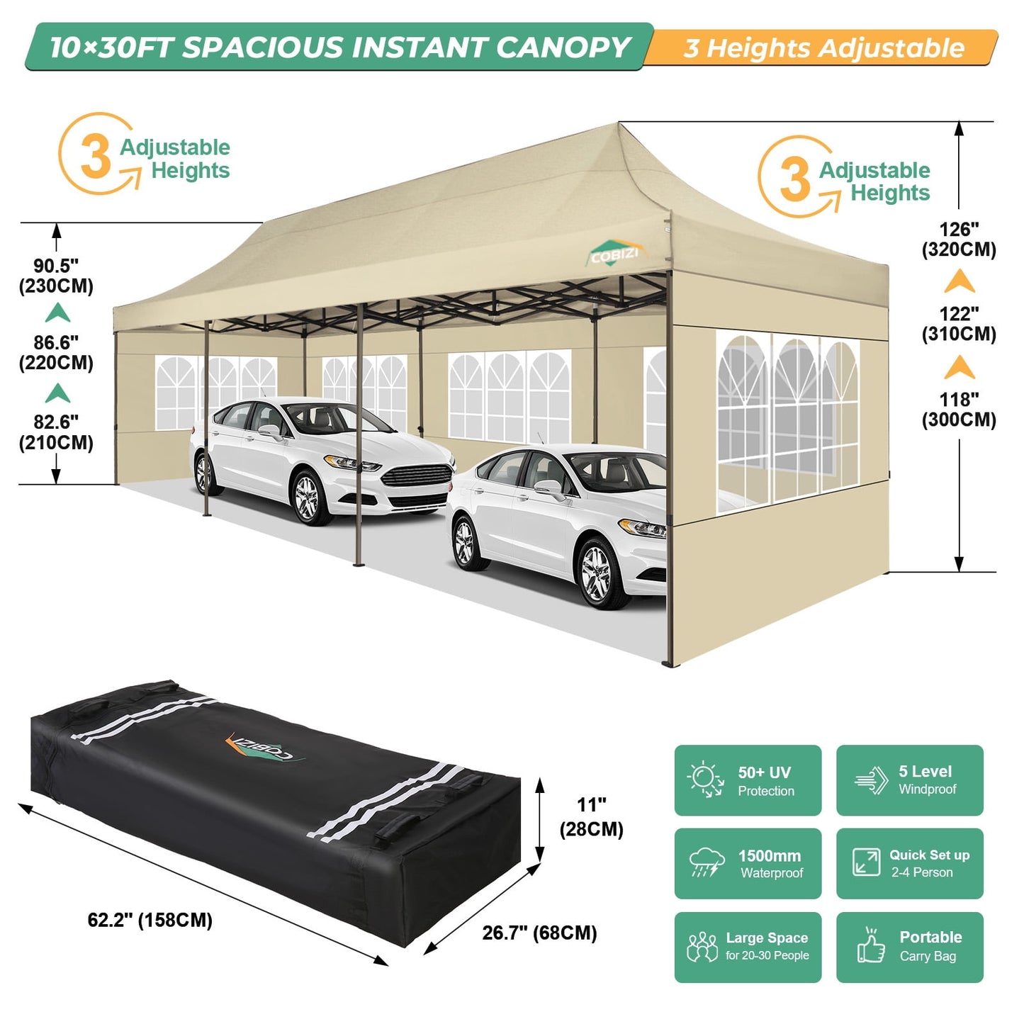COBIZI Heavy Duty 10x30 Party Tent,Commercial pop up Canopy for Parties,Waterproof Gazebos, 8 Sidewalls,Waterproof UPF50+,Khaki