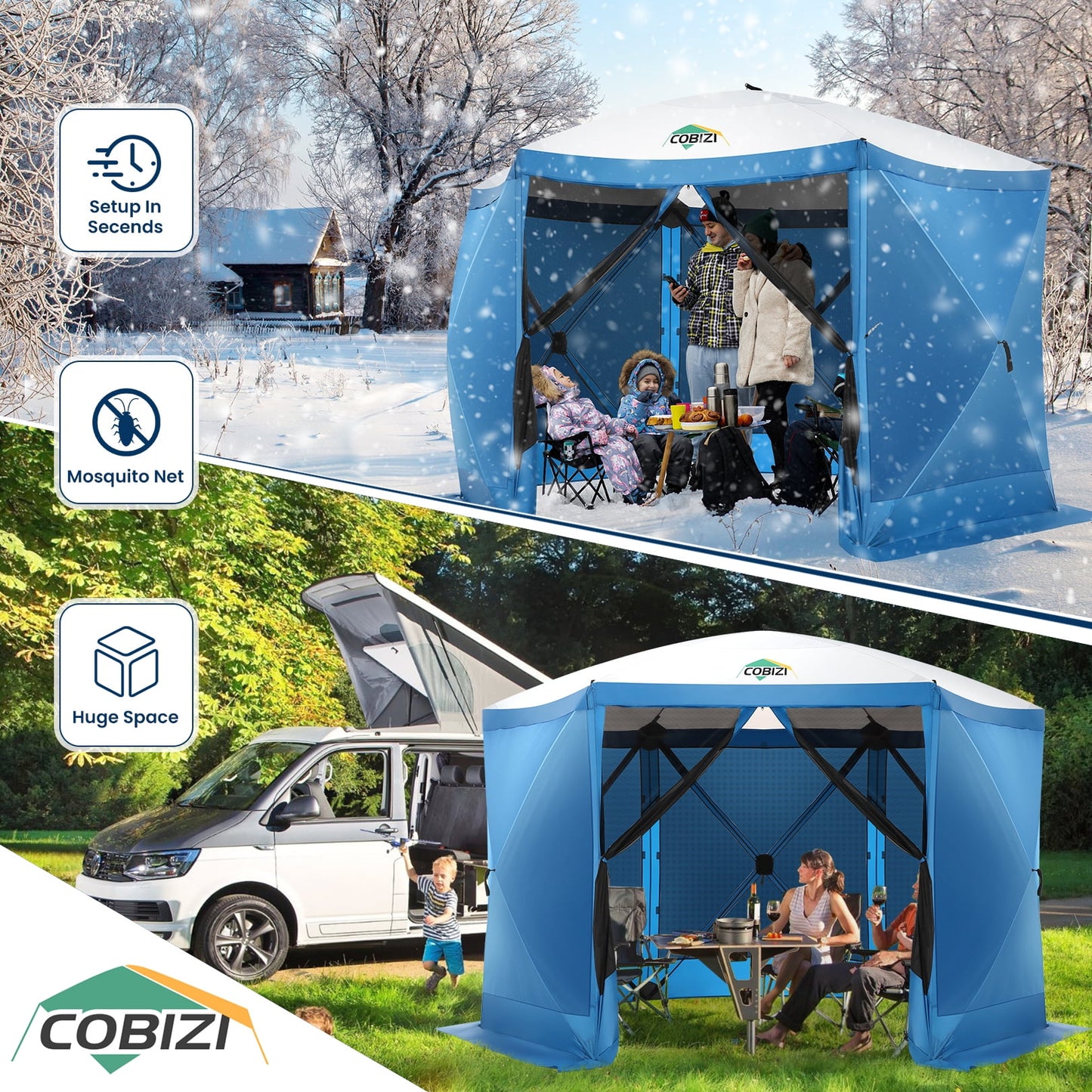 COBIZI 12x12 Pop Up Canopy Gazebo, Outdoor Canopy Tent Screen House with 6 sidewalls and Netting for Camping, Waterproof, UV Resistant, Ez Set-up Party Tent with Carrying Bag and Ground Stakes,Blue