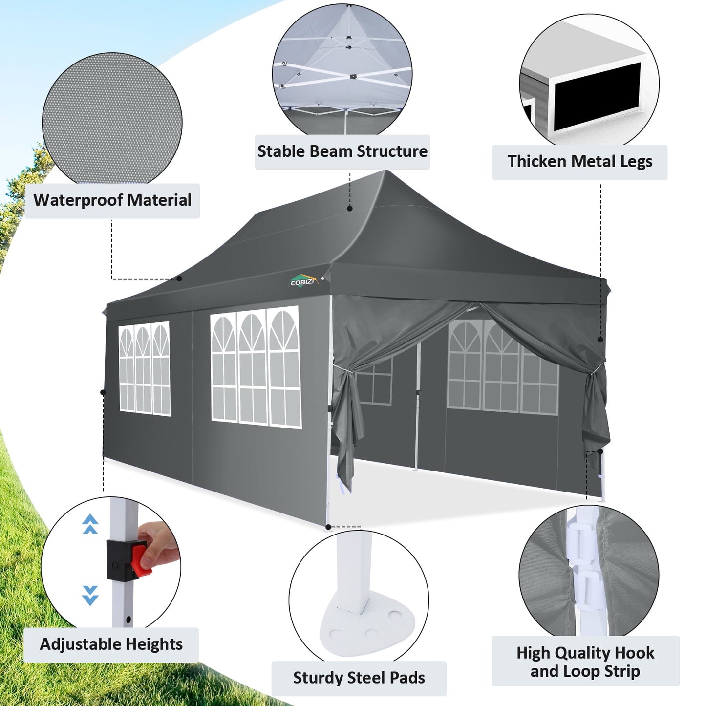 COBIZI 10x20 Pop up Canopy with 6 Removable Sidewalls,Outdoor Waterproof Canopy Tents for Partie Wedding,Instant Sun Protection Shelter with Upgrade Raised Roof and Carry Bag,Gray