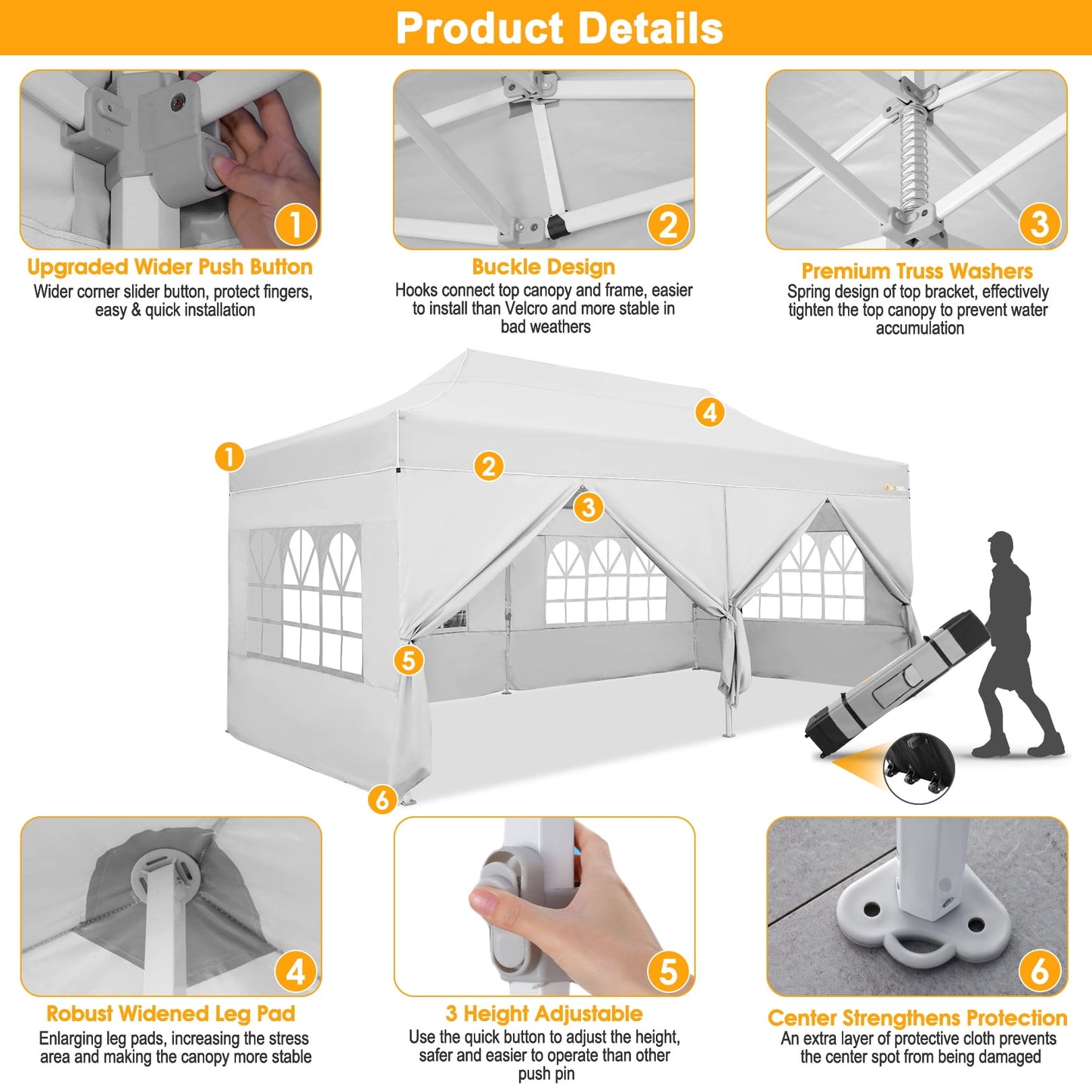 COBIZI Canopy 10x20 Pop up Canopy with 6 Sidewalls Heavy Duty Party Tent Outdoor Party Event Gazebo Commercial Canopy Tents for Parties Wedding Outdoor Events,White