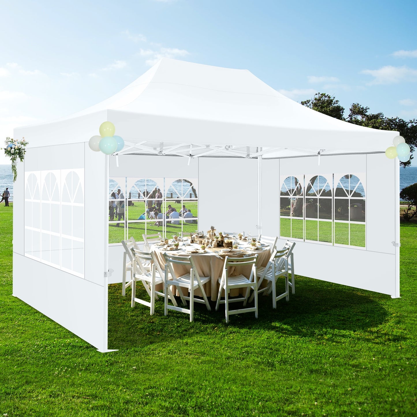 COBIZI 10x15 Pop Up Canopy Tent Heavy Duty with 4 Sidewalls Tents for Parties Outdoor Canopy Event Tent Wedding with Roller Bag,Upgraded UV 50+ , Thick Hexagonal Legs, white