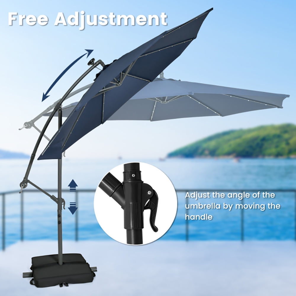 GVN 10 Feet Cantilever Umbrella with 32 LED Lights and Solar Panel Batteries-Navy, Patio Offset Umbrella with Easy Tilt Adjustment, Cantilever Patio Umbrellas, Sunshade Umbrella Canopy