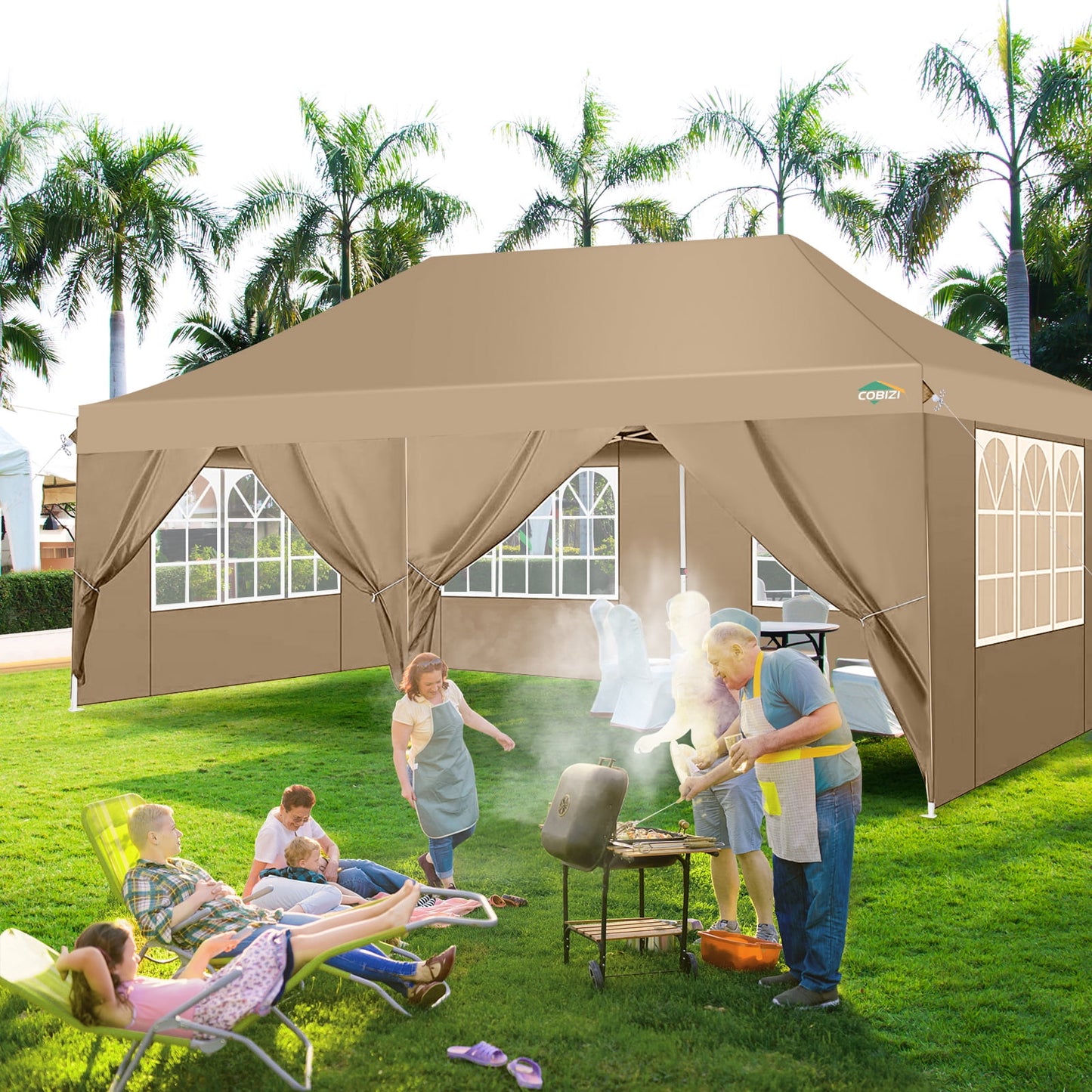 COBIZI 10x20 Pop up Canopy with 6 Removable Sidewalls,Outdoor Waterproof Canopy Tents for Partie Wedding,Instant Sun Protection Shelter with Upgrade Raised Roof and Carry Bag,Khaki