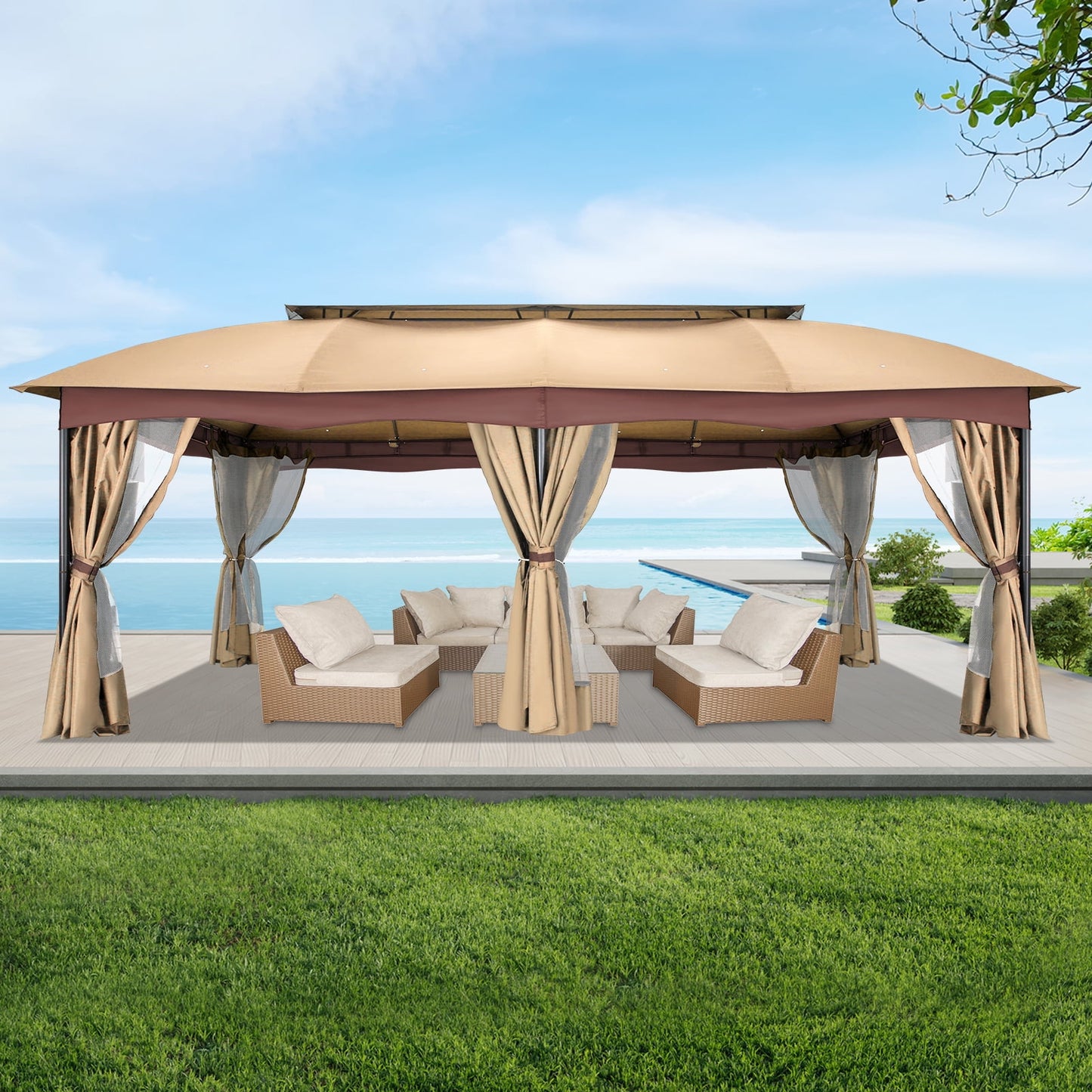 Hoteel 12X20 Heavy Duty Gazebo Outdoor Gazebo with Mosquito Netting and Curtains, Canopy Tent Deck Gazebo with Double-Arc Roof Ventiation and Metal Steel Frame Suitable for Lawn, Backyard, Patio,Brown