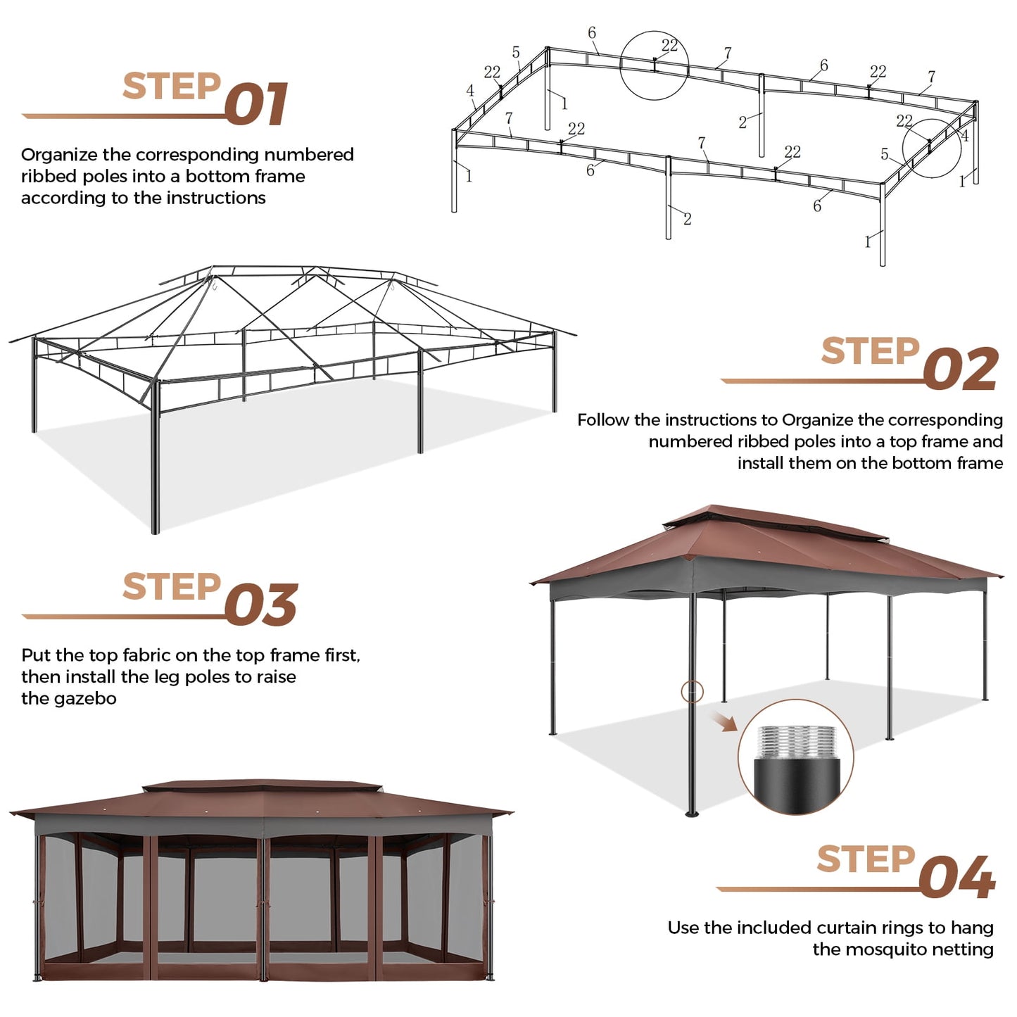 COBIZI 12x20 Outdoor Gazebo with Mosquito Netting Large Backyard Gazebo Tents for Patio, Deck, Party, Backyard with Double Roof Soft Top Screen Gazebo with Metal Steel Frame for Outside, Brown