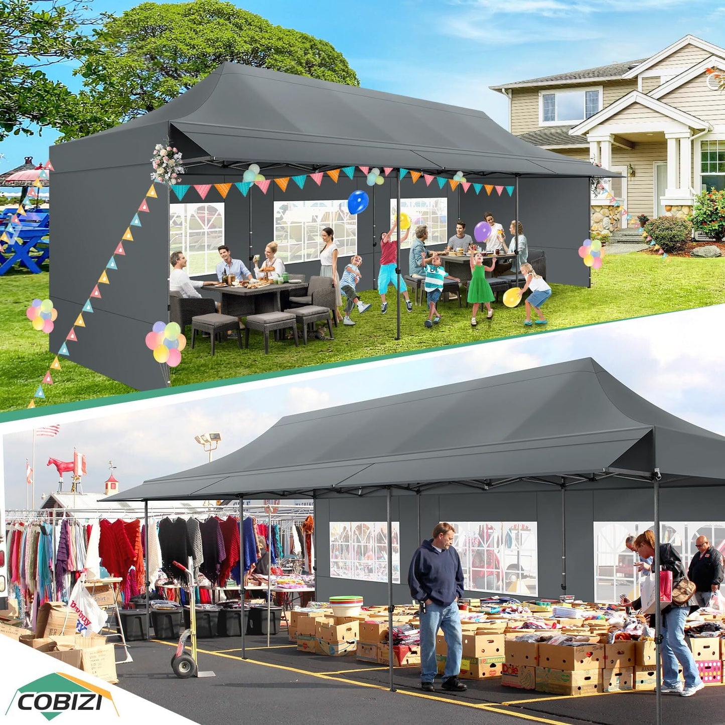 COBIZI 10x30 Pop Up Canopy Heavy Duty Party Tent with Removable Awning and Sidewalls,Easy Up Outdoor Wedding Commercial Canopy,Gazebo All Season Windproof&Waterproof UPF 50+,Blue