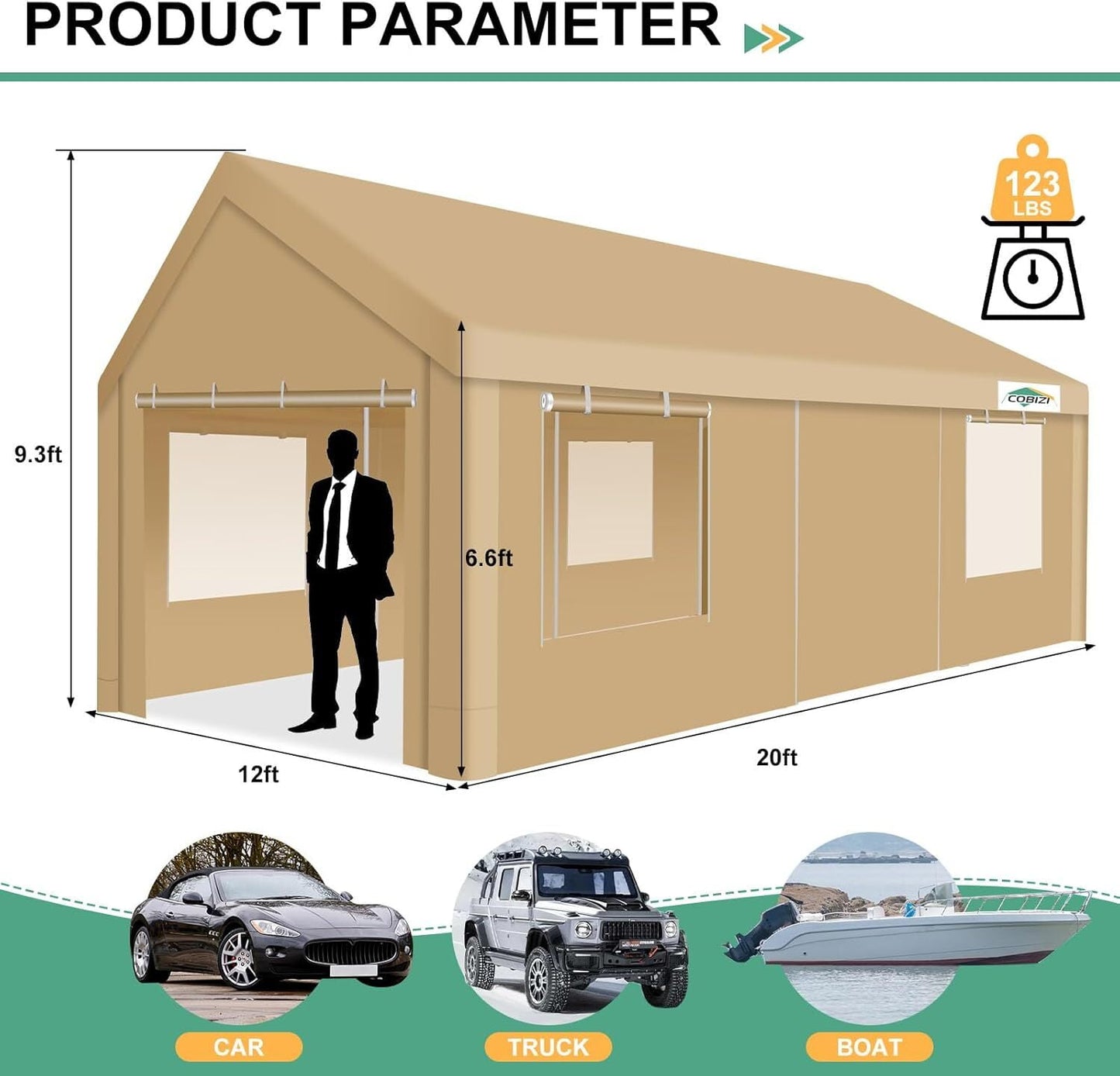 COBIZI 12x20ft Carport Large Heavy Duty Car Tent with Powder-Coated Steel Frame, Portable Garage with Removable Sidewalls & Doors, Car Canopy with All-Season Tarp for Outdoor Party, Birthday, Khaki