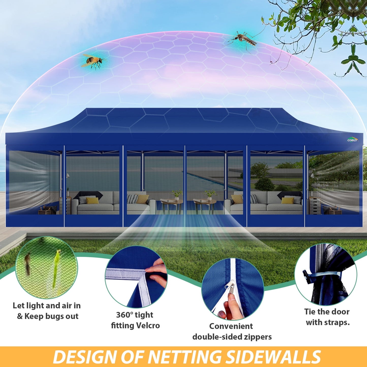 COBIZI 10x30 Heavy Duty Pop up Canopy with Mosquito Net,Instant Outdoor Shelter Large Canopy Tent for Outside,Gazebo with Mesh Sidewalls for Party,Backyard,Camping,Dark Blue