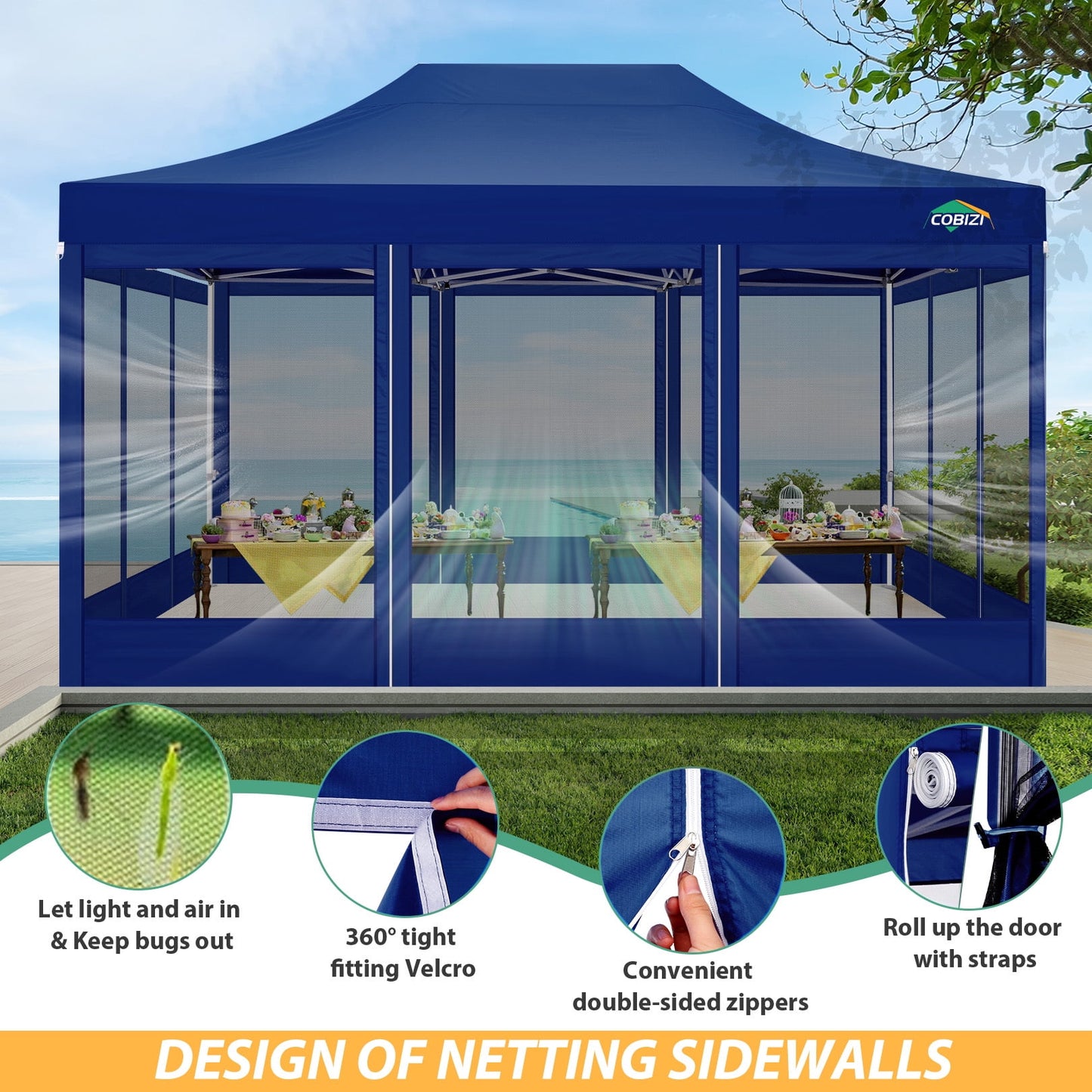 COBIZI 10x15 Heavy Duty Pop up Canopy with Mosquito Net,Instant Outdoor Shelter Large Canopy Tent for Outside,Gazebo with Mesh Sidewalls for Party,Backyard,Camping,Dark Blue