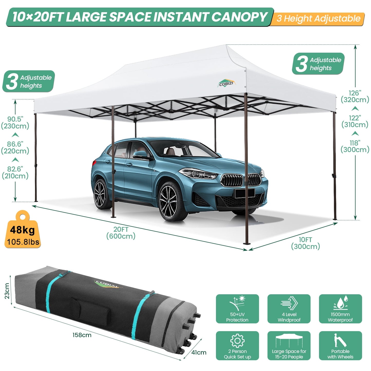 COBIZI 10x20 Pop up Canopy Without Sidewall Heavy Duty Commercial Outdoor Canopy Ez Up Wedding Party Tents for Parties with Roller Bag, Wind & Waterproof UPF50+,Upgrade Hexagonal Tube,khaki