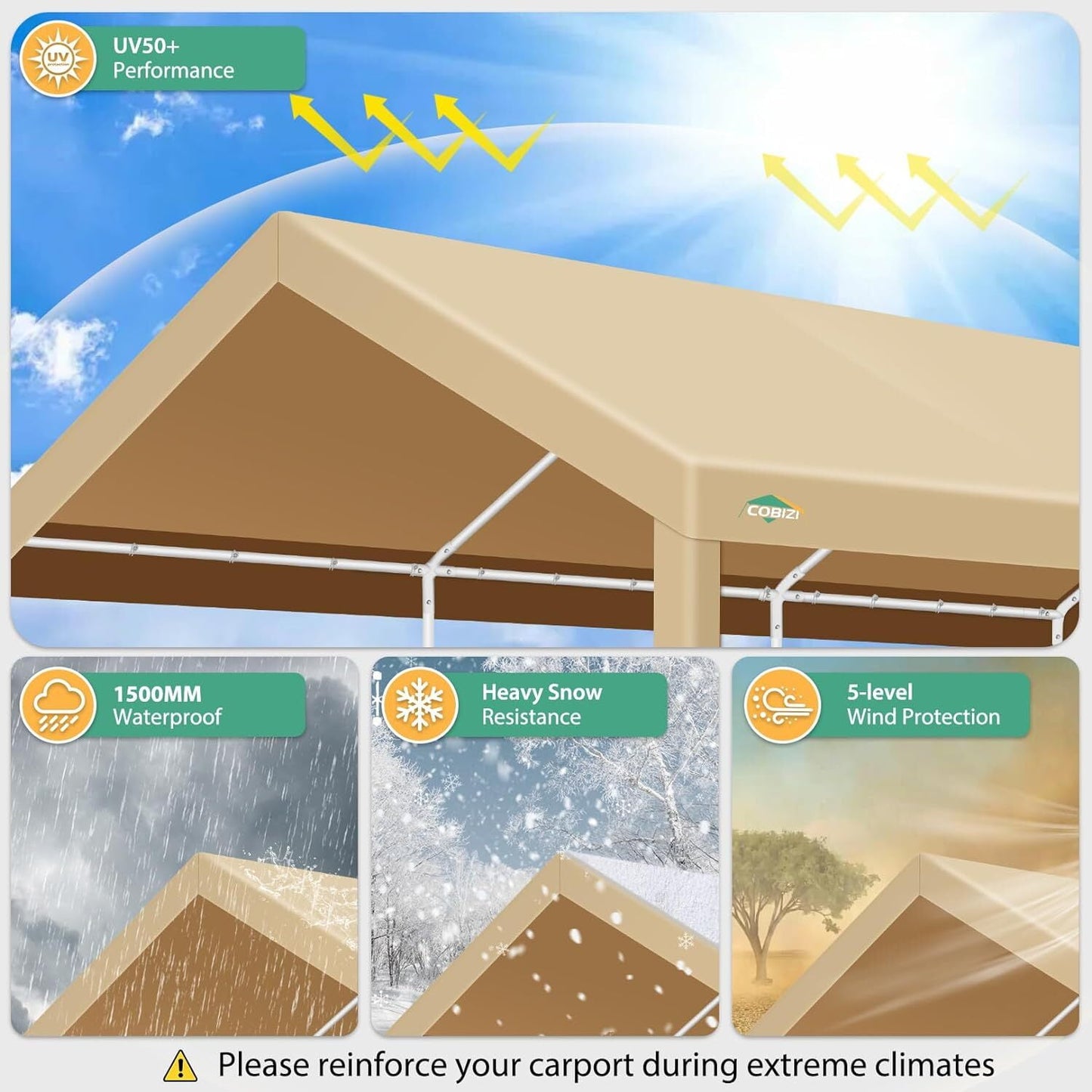 COBIZI 10x20ft Carport Heavy Duty, Portable Car Garage with Built-in Sandbags, Waterproof Car Canopy for Truck, Boat, SUV with All-Season Tarp, Khaki