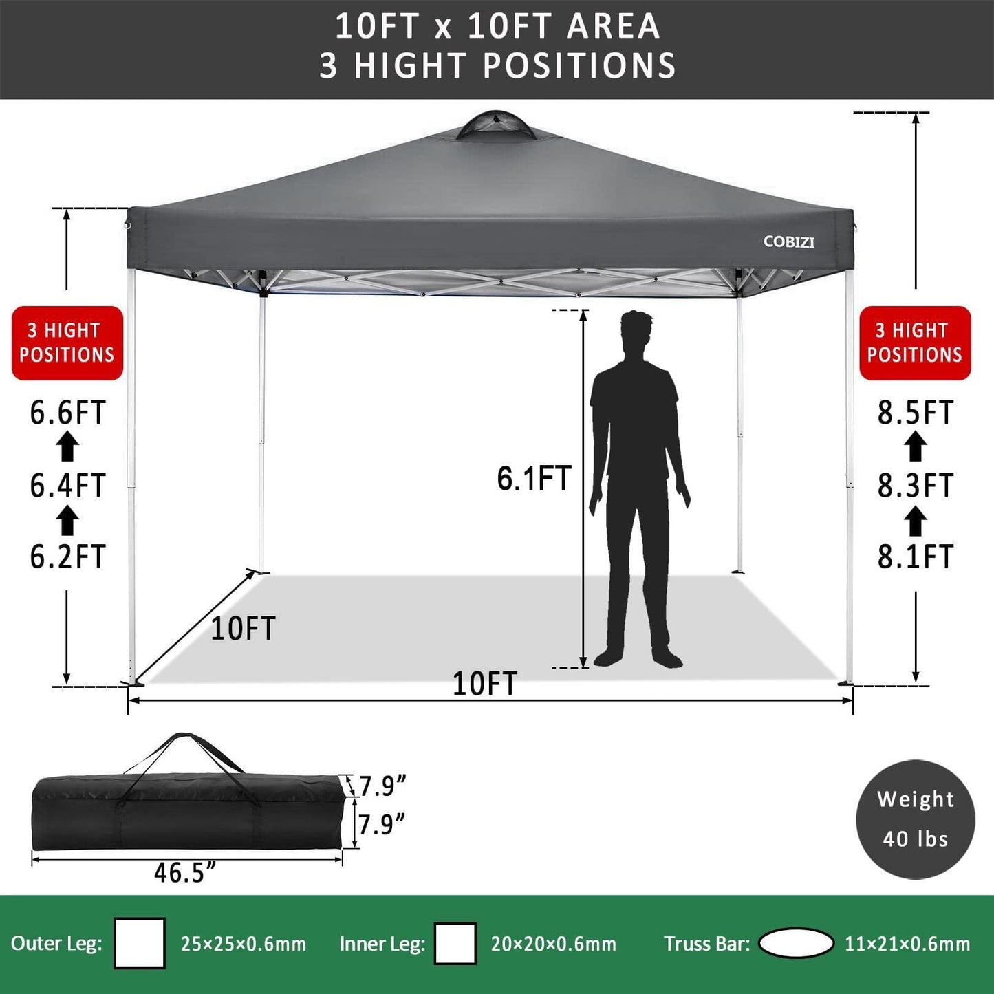 COBIZI 10' x 10' Pop-up Canopy,Easy Pop-up Canopy Tent for Outdoor Waterproof Instant Outdoor Folding Party Tent Shelter with 4 Removable Sidewalls,Air Vent, 4 Sandbags, Carrying Bag, Black