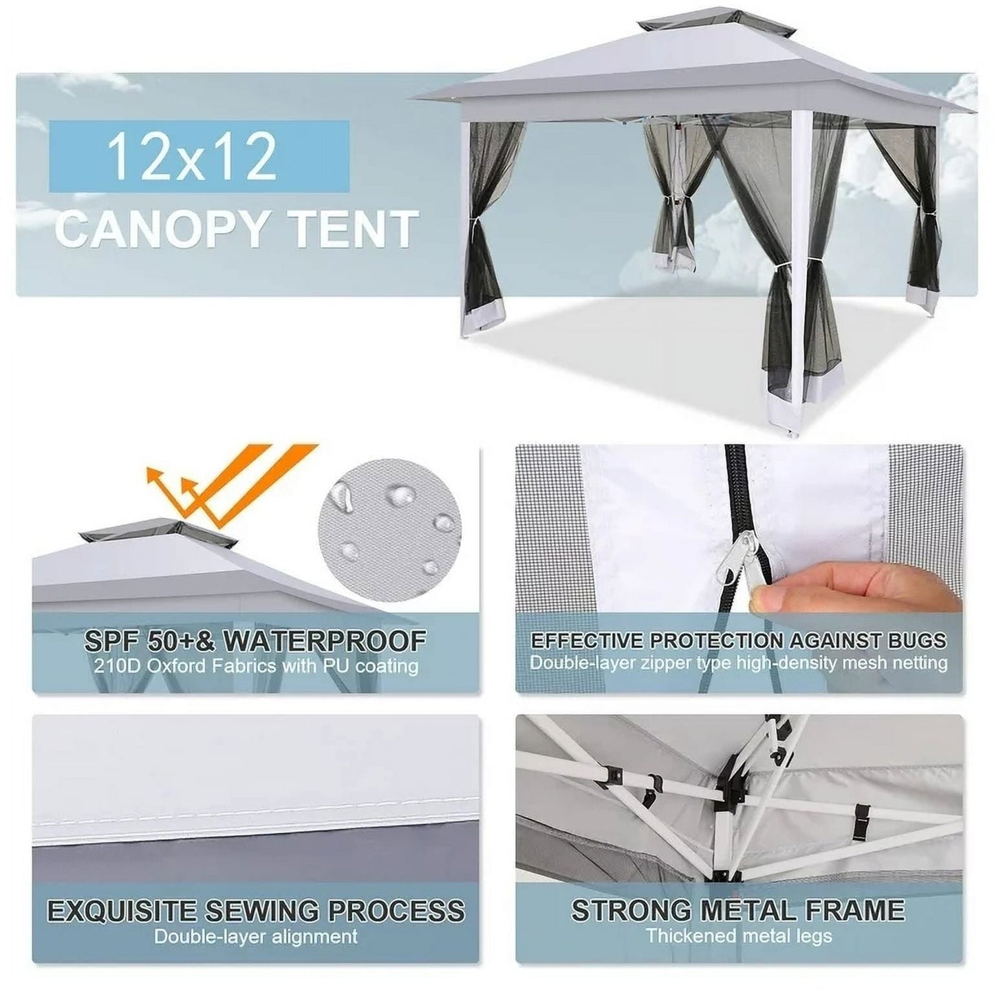 COBIZI 12'x12' Pop-Up Gazebo, Mosquito Netting, Adjustable, Outdoor Tent,144 sq.ft Shade, Gray