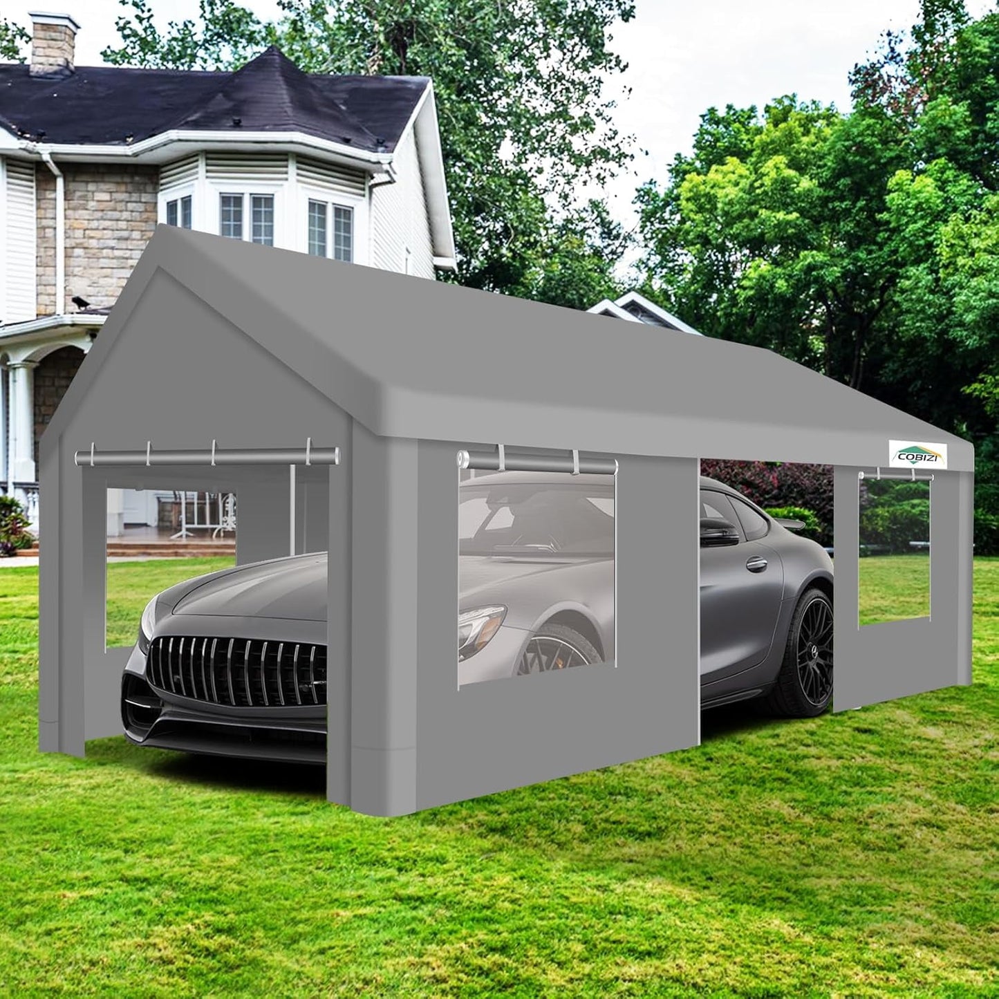 COBIZI Carport 12'x20' Large Heavy Duty Car Tent with Powder-Coated Steel Frame, Portable Garage with Removable Sidewalls & Doors, Car Canopy with All-Season Tarp for Outdoor Party, Birthday, Gray