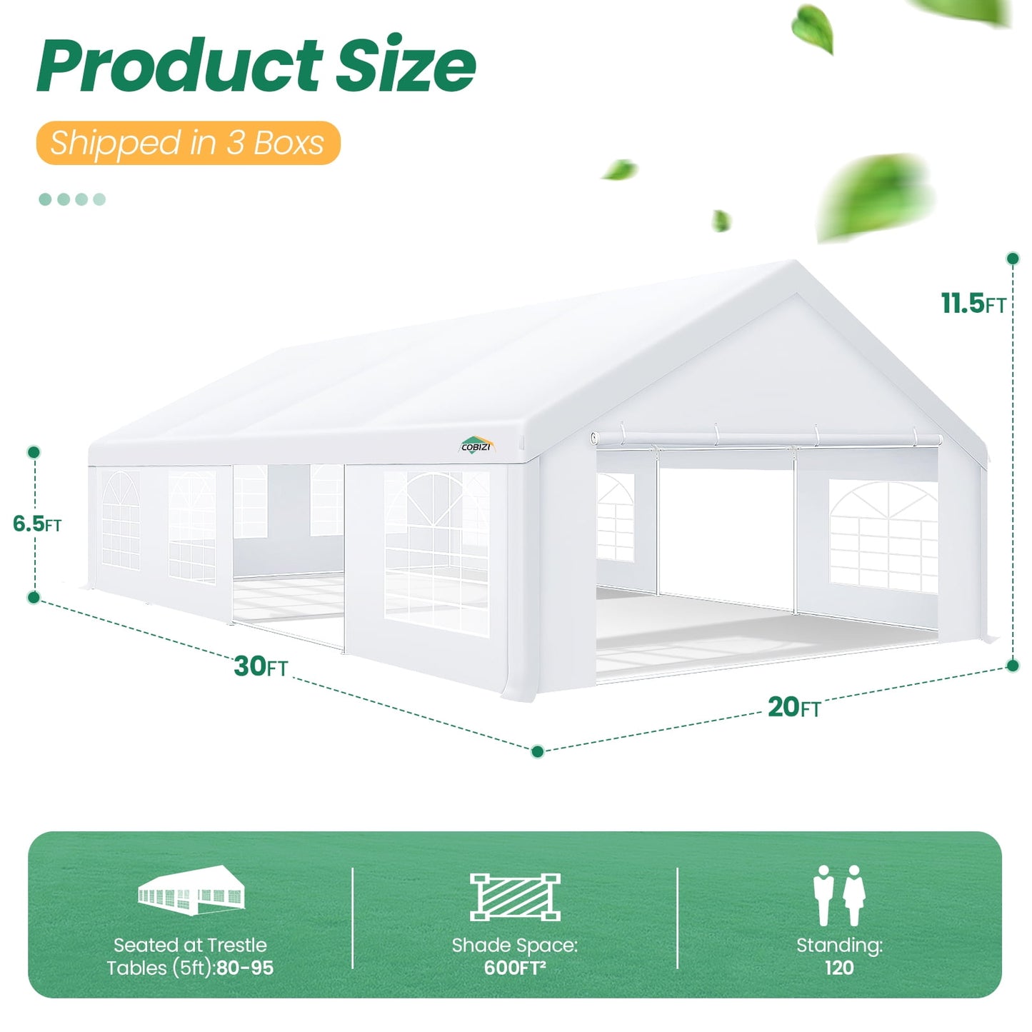 COBIZI 20x30ft Party Tent Heavy Duty, Wedding Tent, Event Tents for Parties, Carpas para Fiestas with Removable Sidewalls, 20x40 Tent with Built-in Sandbag, UV50+, Big Tent for Party, Carport, White