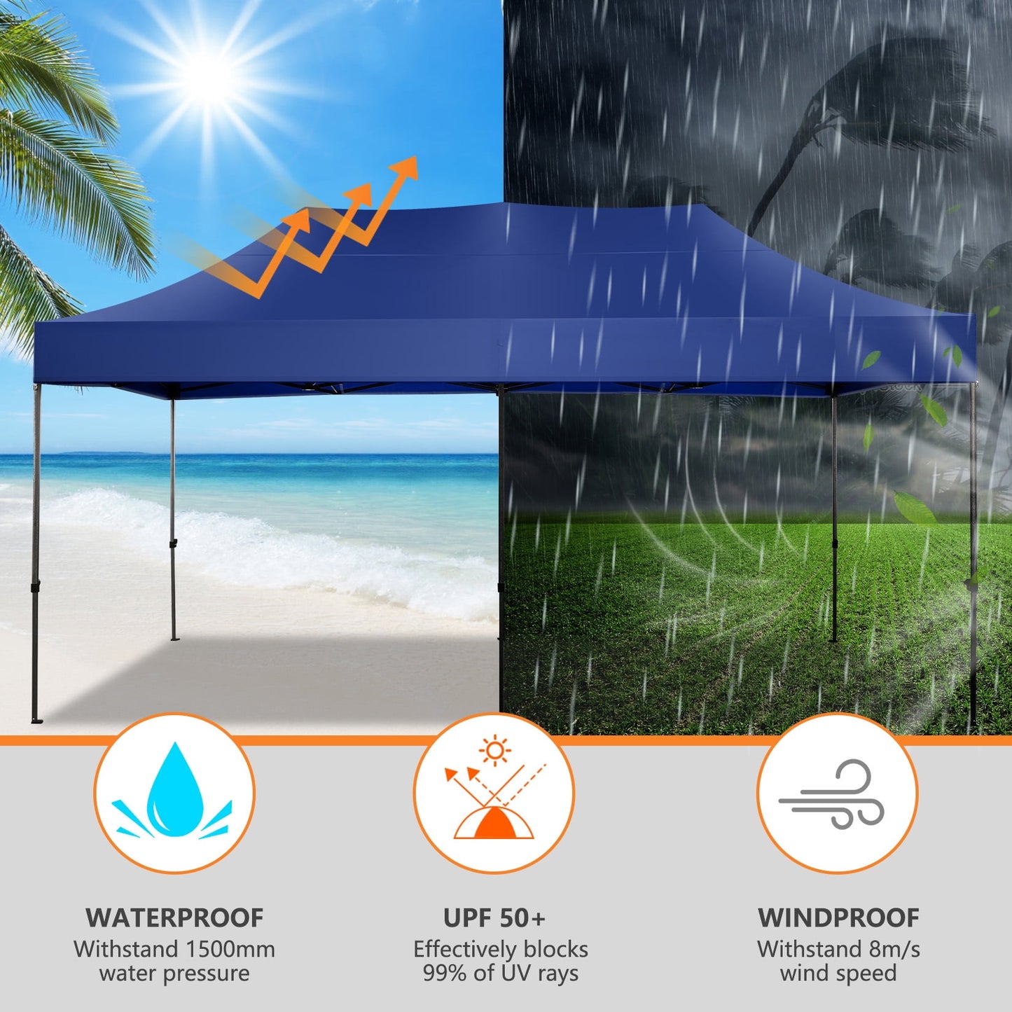 COBIZI 10x20 Pop-up Heavy Duty Canopy Tent with Adjustable Height, Waterproof and Instant Outdoor Shelter, Summer Canopy for Beach,Party,Camping Includes 4 Sandbags,Roller Bag,Dark Blue