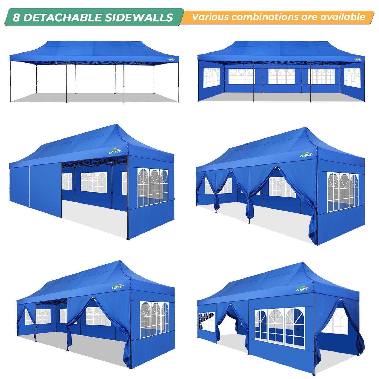 COBIZI Heavy Duty 10x30 Party Tent,Commercial pop up Canopy for Parties,Waterproof Gazebos, 8 Sidewalls,Waterproof UPF50+,Stable Thickened Frame,Blue