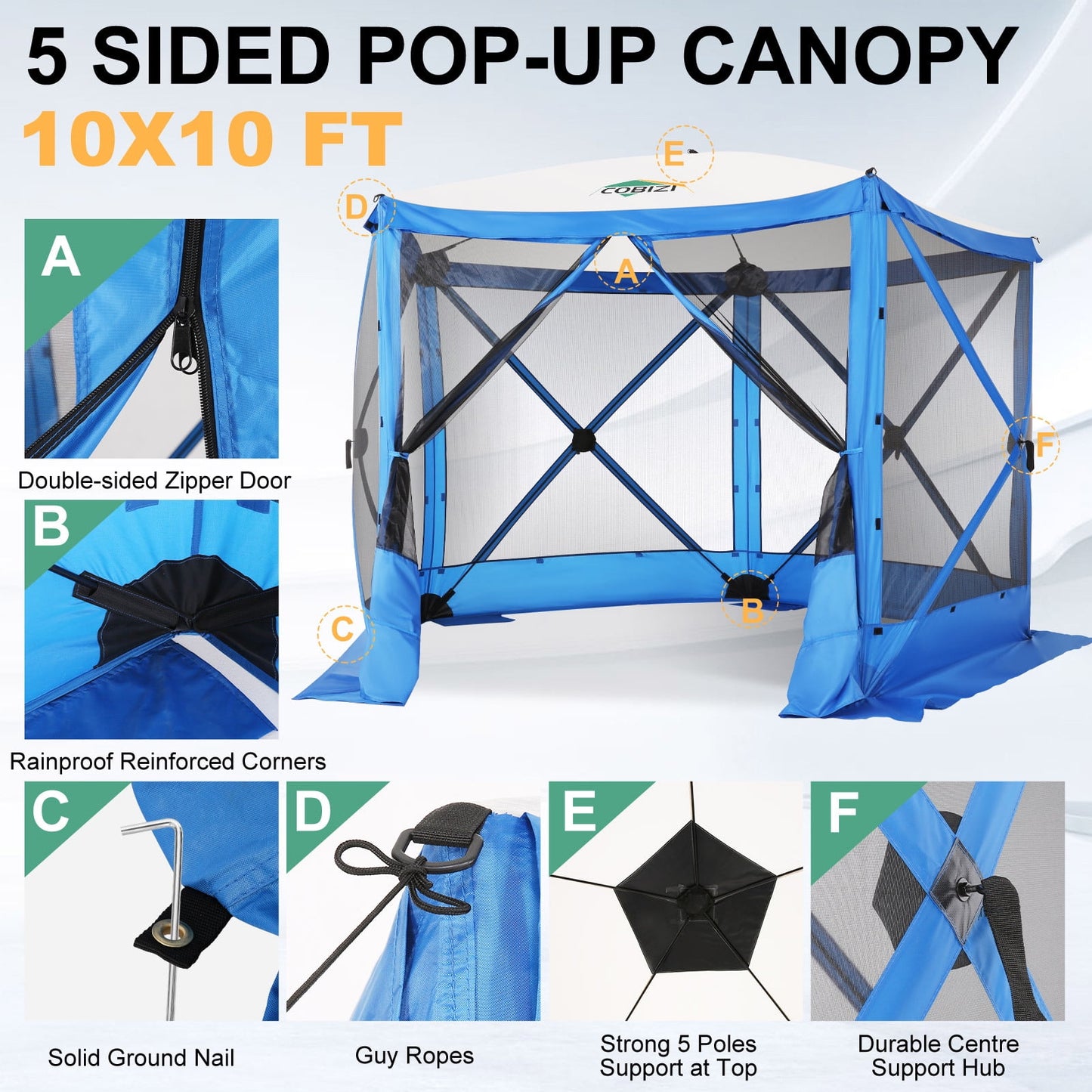 COBIZI 10x10ft Pop up Gazebo Screen Tent Screen House for Camping,5 Sided Pop-up Camping Canopy Shelter Tent with Sidewalls,Portable Outdoor Quick-set Hub Tent with Carrying Bag&Ground Stakes,Blue