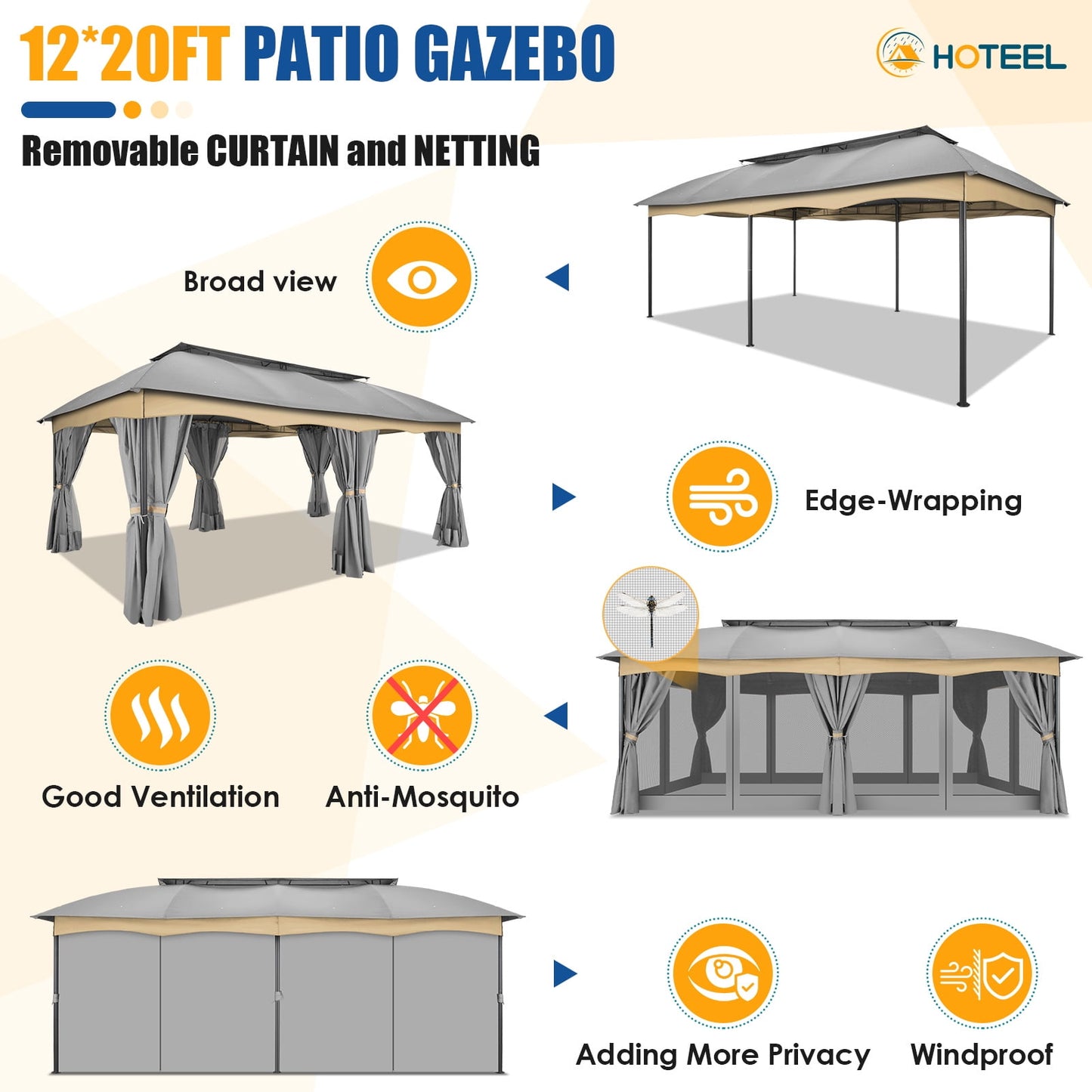 COBIZI Gazebo 12x20 Heavy Duty Patio Gazebo with Mosquito Netting Deck Gazebo with Metal Steel Frame Large Screen Gazebo Tent Waterproof with Double Roof for Party, Backyard, Deck, Garden, Gray